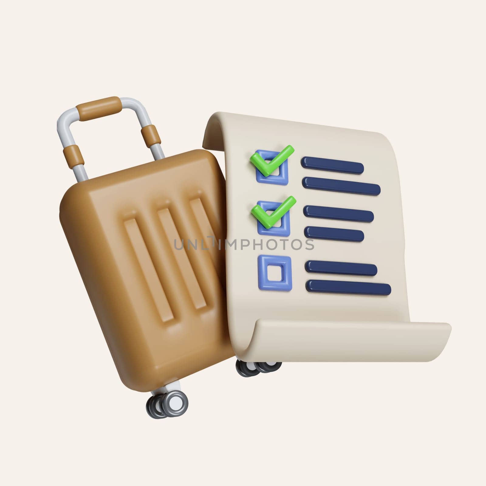 3D Blue Suitcase and Checking listed icon. Document. icon isolated on white background. 3d rendering illustration. Clipping path..