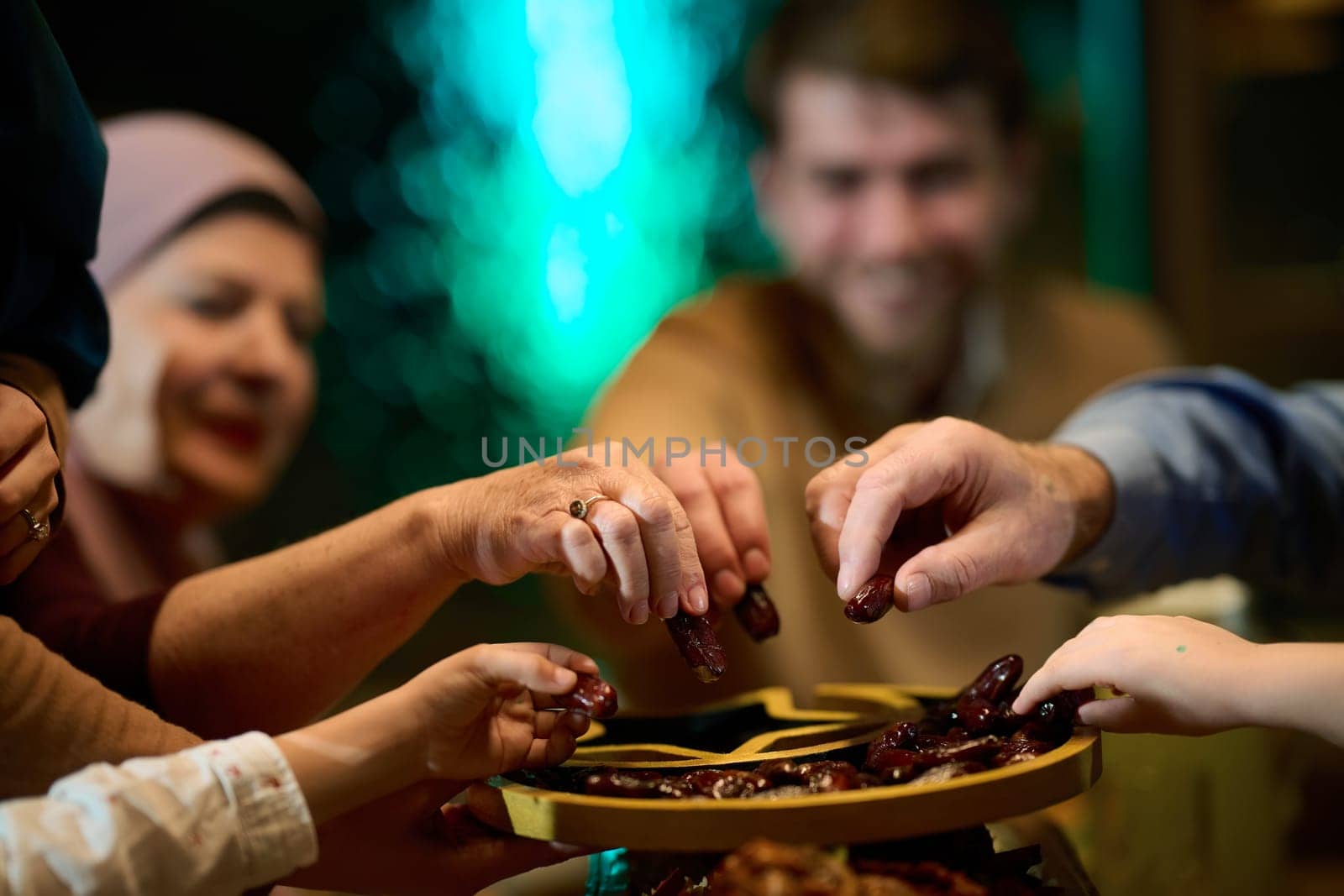 In this modern portrayal, a European Islamic family partakes in the tradition of breaking their Ramadan fast with dates, symbolizing unity, cultural heritage, and spiritual observance during the holy month of Ramadan.