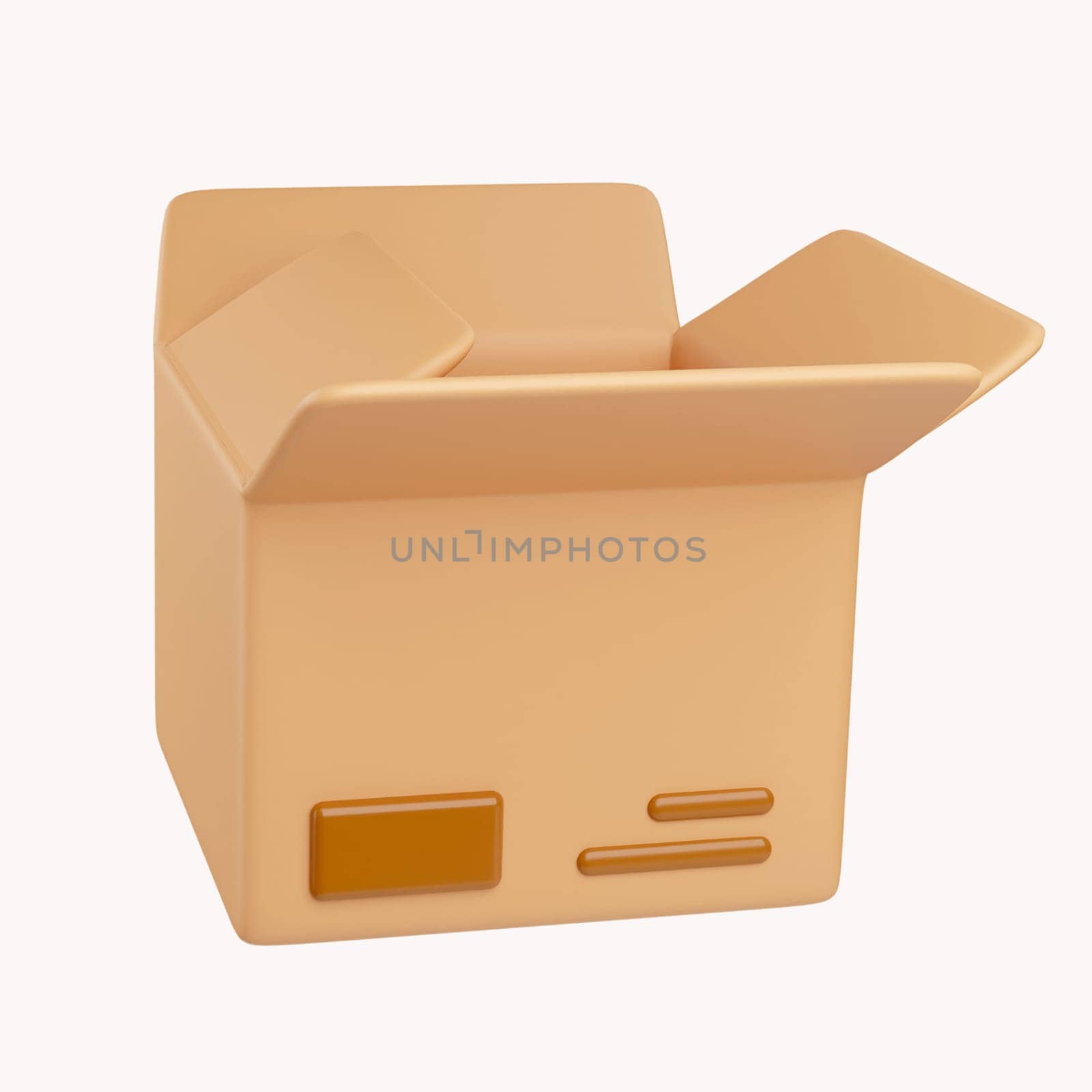 3D open cardboard box icon with white symbols isolated on white background. Render delivery cargo box 3d illustration.