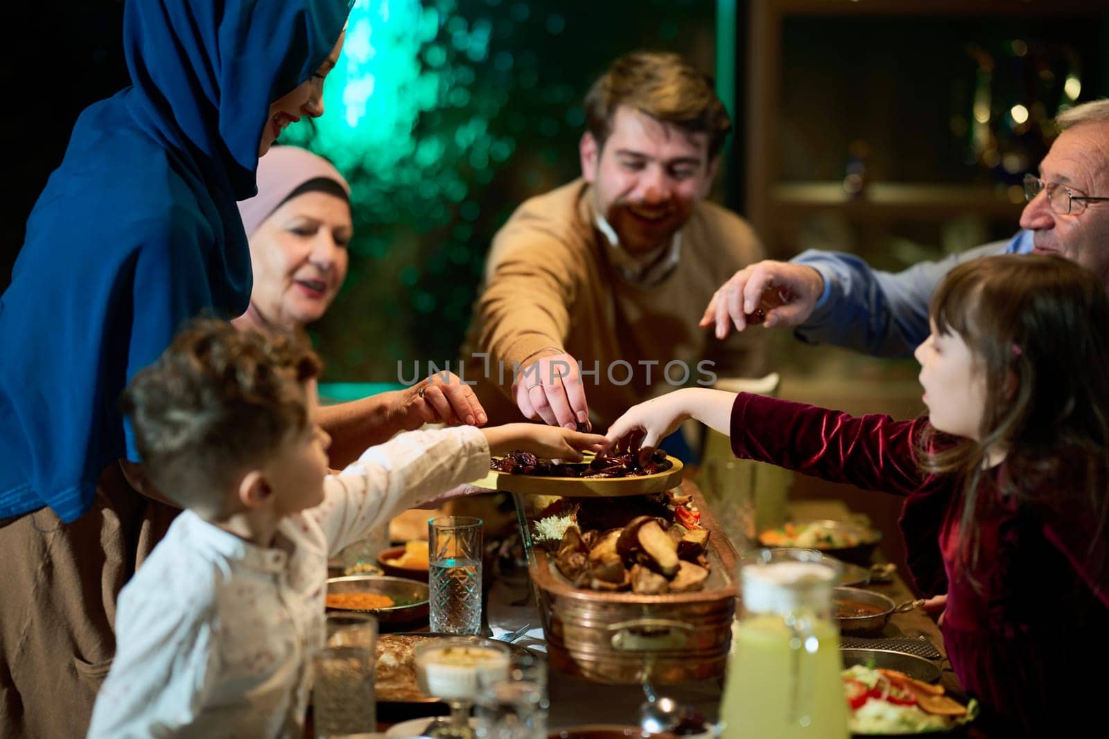 In this modern portrayal, a European Islamic family partakes in the tradition of breaking their Ramadan fast with dates, symbolizing unity, cultural heritage, and spiritual observance during the holy month of Ramadan.