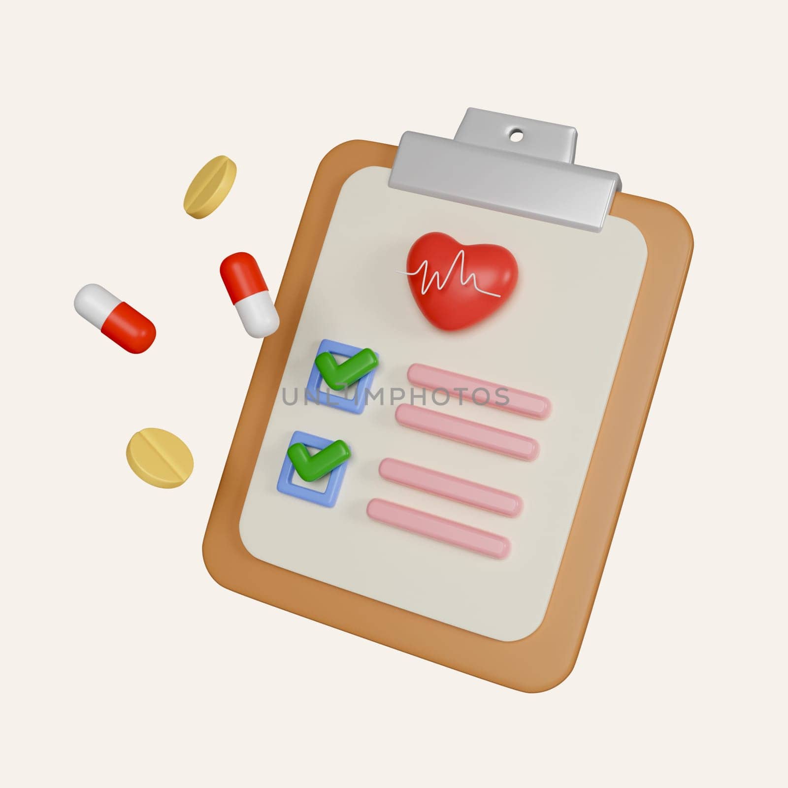 3d first aid medicine with check list for health pharmaceutical. health medical of heart emergency help. 3d pharmacy drug. icon isolated on white background. 3d rendering illustration. Clipping path..