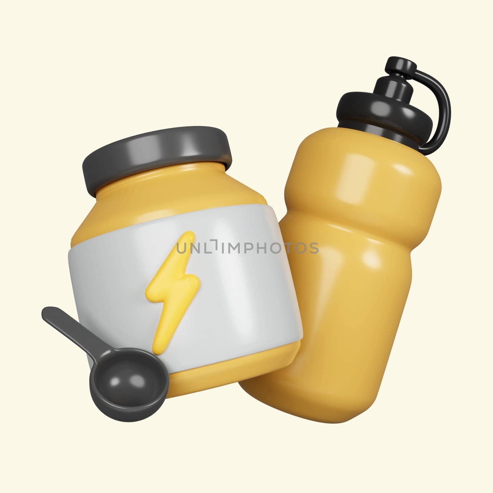3d Sport nutrition. Fitness supplement. Fitness and health. Exercise equipment. icon isolated on yellow background. 3d rendering illustration. Clipping path..