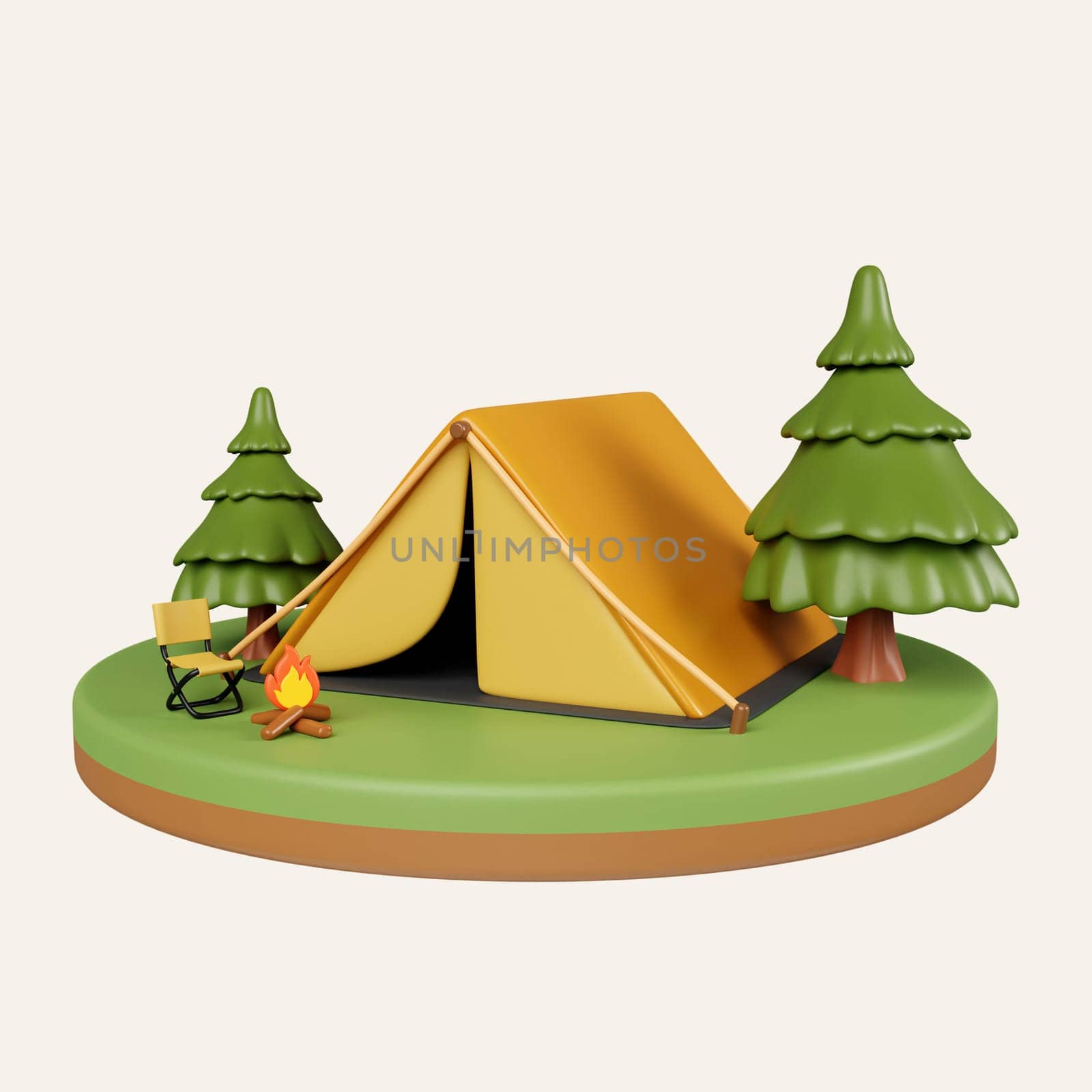 3d Campsite in nature and elements for camping, summer camp, traveling, trip, hiking. icon isolated on white background. 3d rendering illustration. Clipping path..