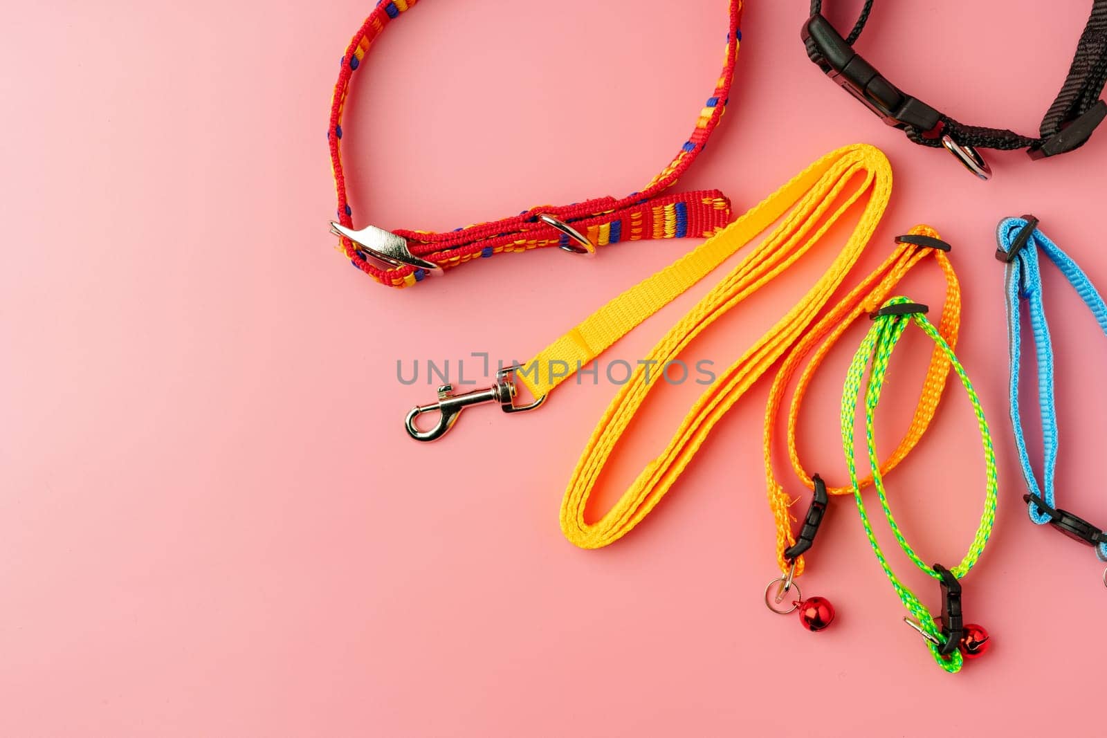 Textile pet collar on pink background studio photo close up