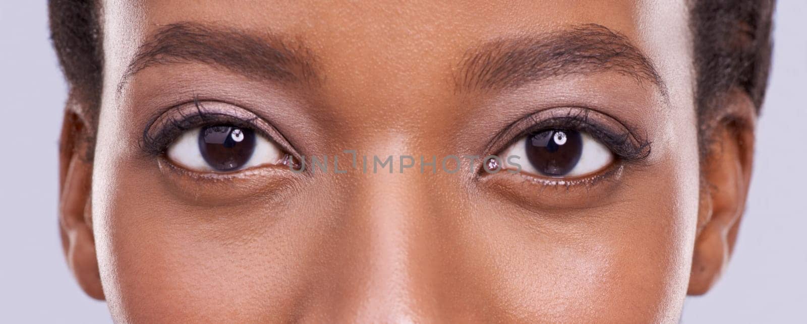 Eyes, beauty and woman with lashes and microblading, cosmetics and contact lenses for vision on white background. Mascara, eyeshadow makeup with eyecare and cosmetology in portrait with optometry.