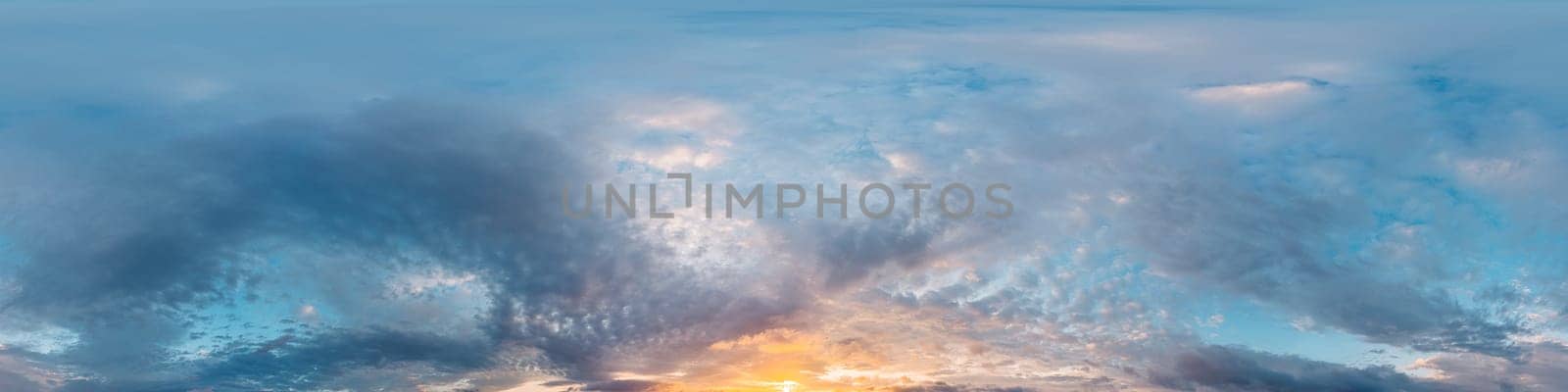 Bright sunset sky panorama with Cirrus clouds. Seamless hdr spherical equirectangular 360 panorama. Sky dome or zenith for 3D visualization, game and sky replacement for aerial drone 360 panoramas.