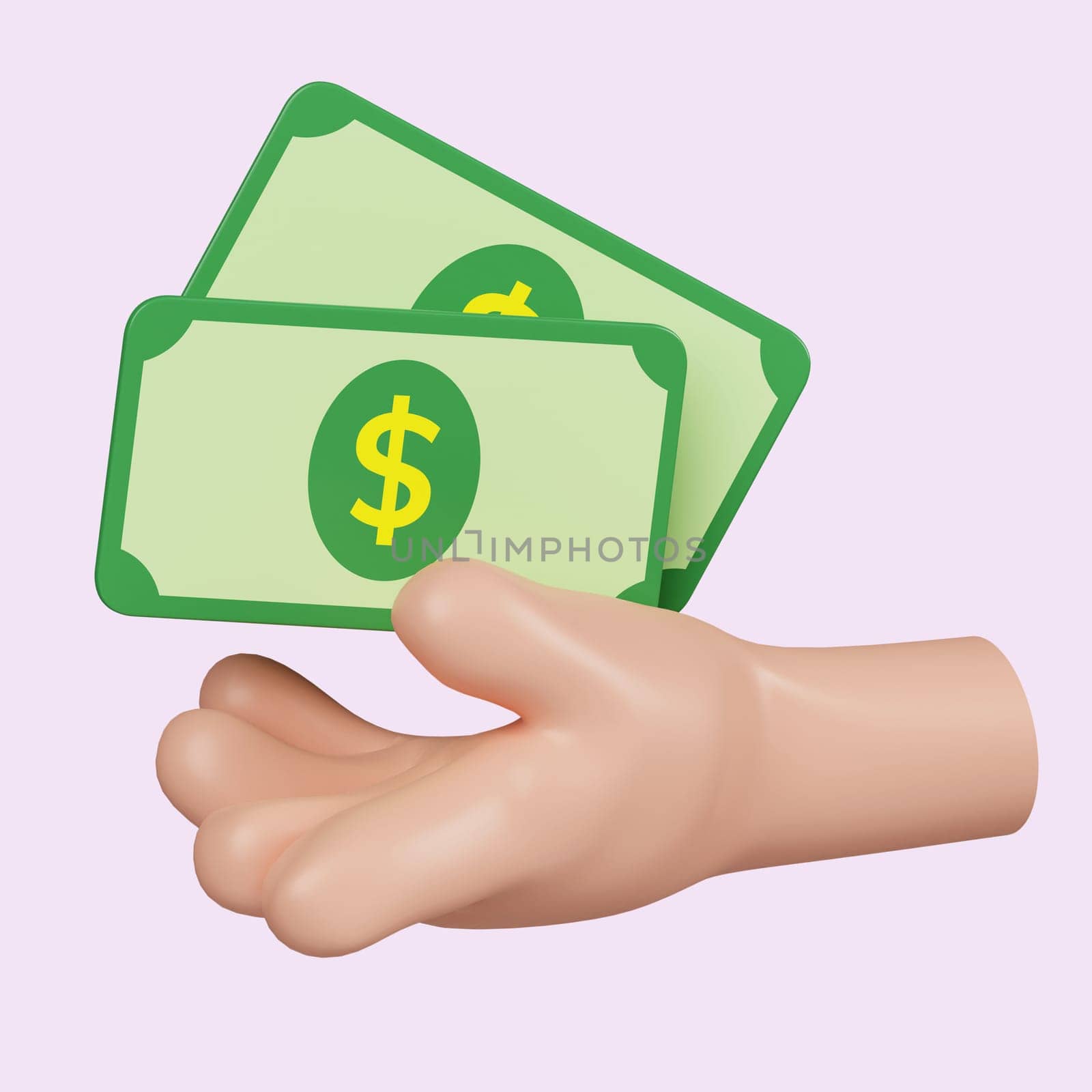 3d hand holding money. payment concept. finance, investment, money saving on hand. icon isolated on pink background. 3d rendering illustration. Clipping path..