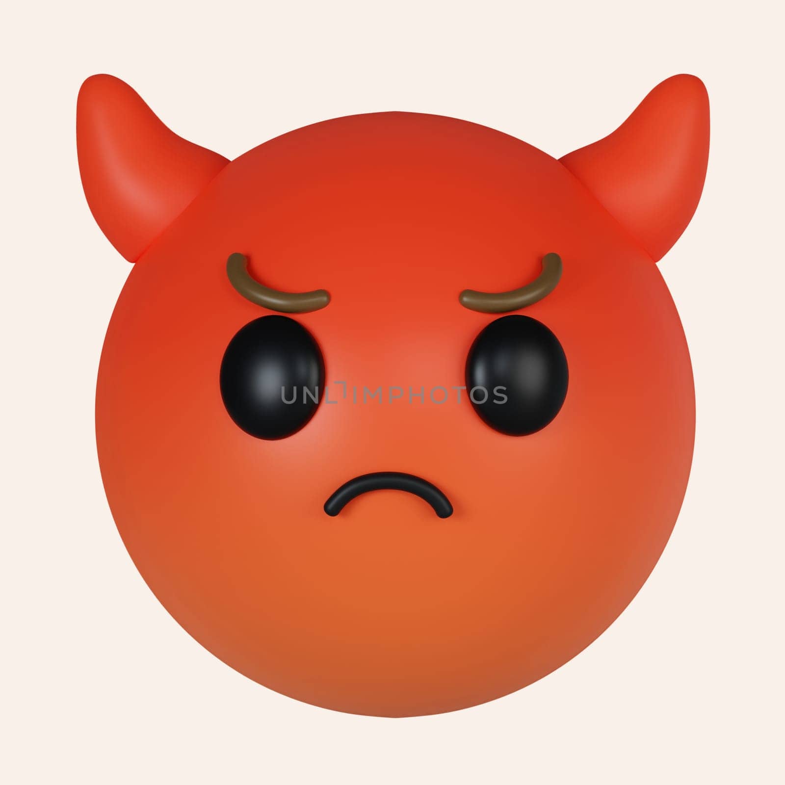 3d emoticon smiling with horns, devil emoji. Red face devil emoji. icon isolated on gray background. 3d rendering illustration. Clipping path..