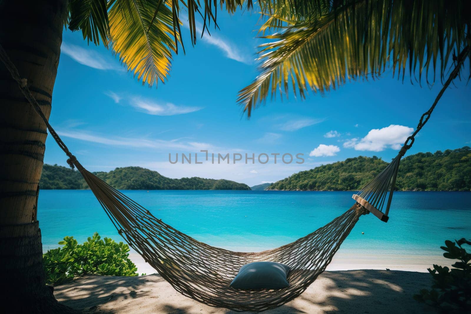 An empty hammock between palm trees against the backdrop of the sea and the beach. Holiday and vacation concept. Generated by artificial intelligence by Vovmar