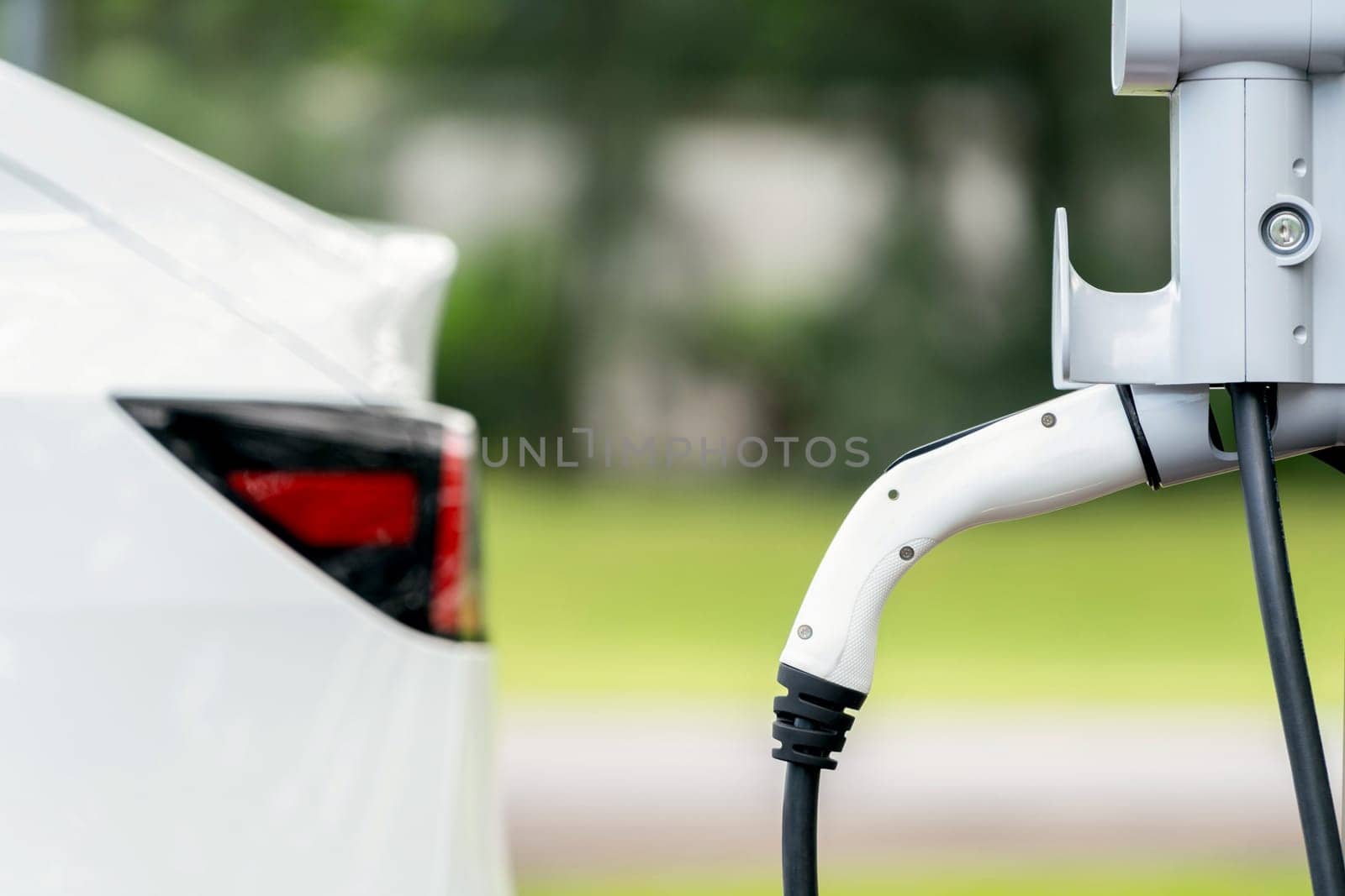 Closeup EV plug charger attached to EV car for battery recharging from electric charging station using clean and sustainable energy. Natural protection and eco friendly car travel concept. Exalt