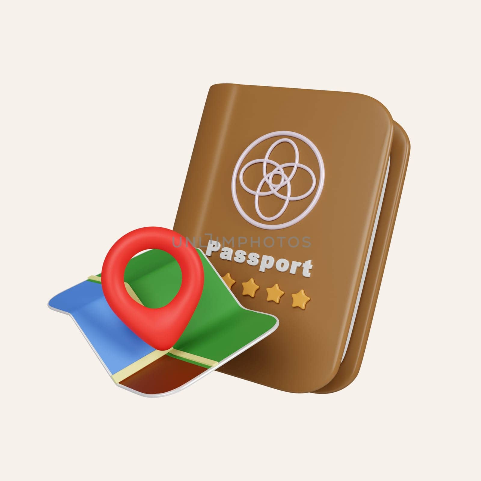 3D Brown passport and Folded map and location pin isolated. minimal Navigation. icon isolated on white background. 3d rendering illustration. Clipping path..