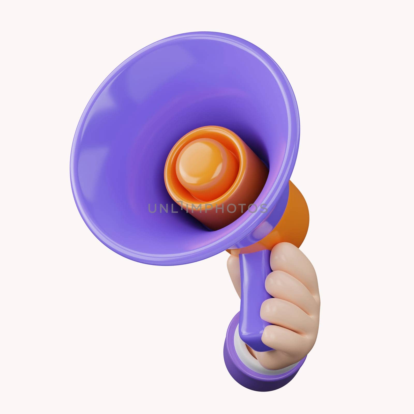 Cartoon hand holding megaphone 3d render on white isolated background. Digital Marketing concept..