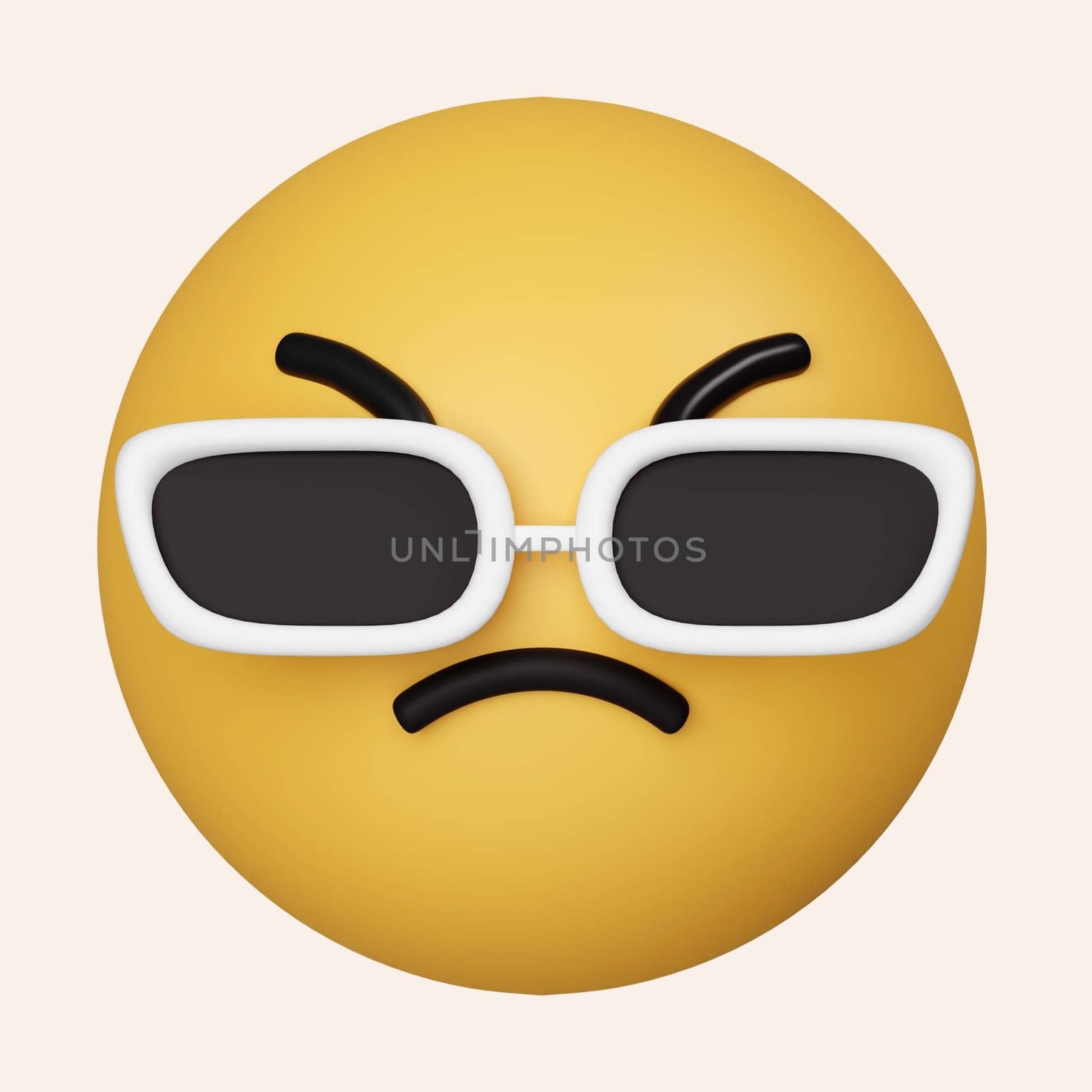 3d Emoji face is cool in sunglasses. Emoticon yellow glossy color. icon isolated on gray background. 3d rendering illustration. Clipping path..