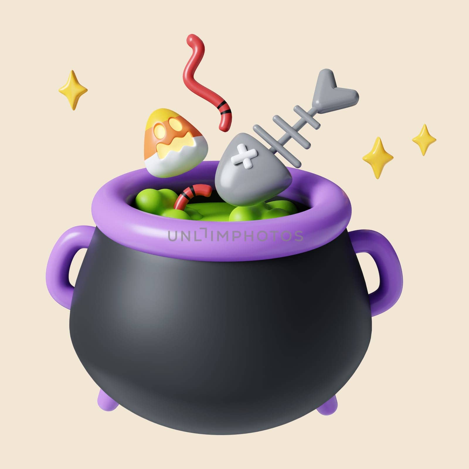 3d Halloween cauldron icon. Traditional element of decor for Halloween. icon isolated on gray background. 3d rendering illustration. Clipping path..