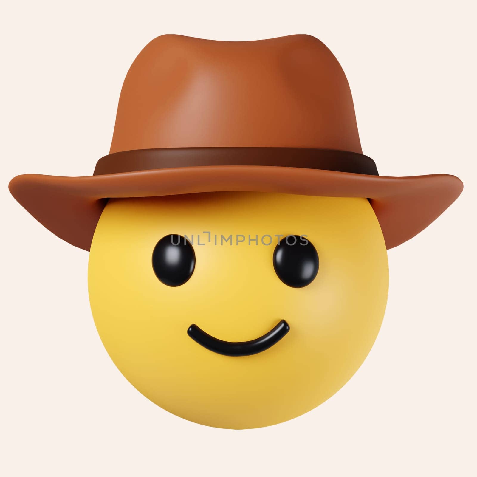 3d Cowboy hat emoji. Happy smiled emoticon with brown leather brimmed hat. icon isolated on gray background. 3d rendering illustration. Clipping path..