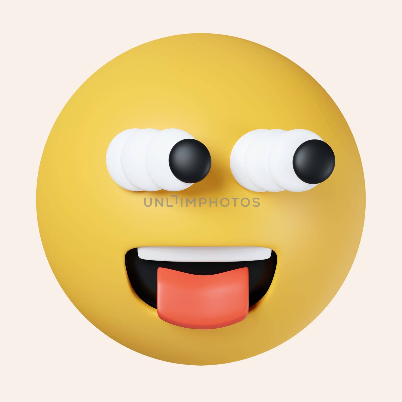 3d Goofy emoticon with crazy eyes and tongue out. Yellow face emoji. icon isolated on gray background. 3d rendering illustration. Clipping path. by meepiangraphic