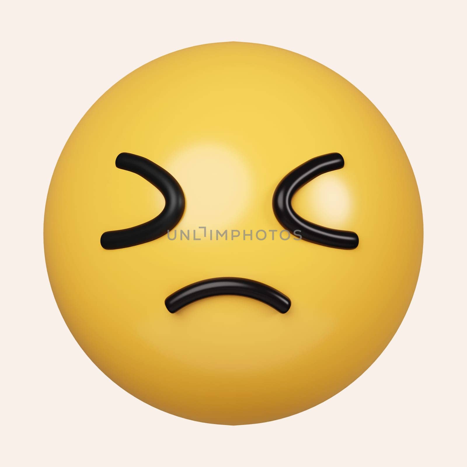 3d Confounded emoji with yellow face, scrunched, a crumpled mouth, frustration, disgust, and sadness. icon isolated on gray background. 3d rendering illustration. Clipping path..