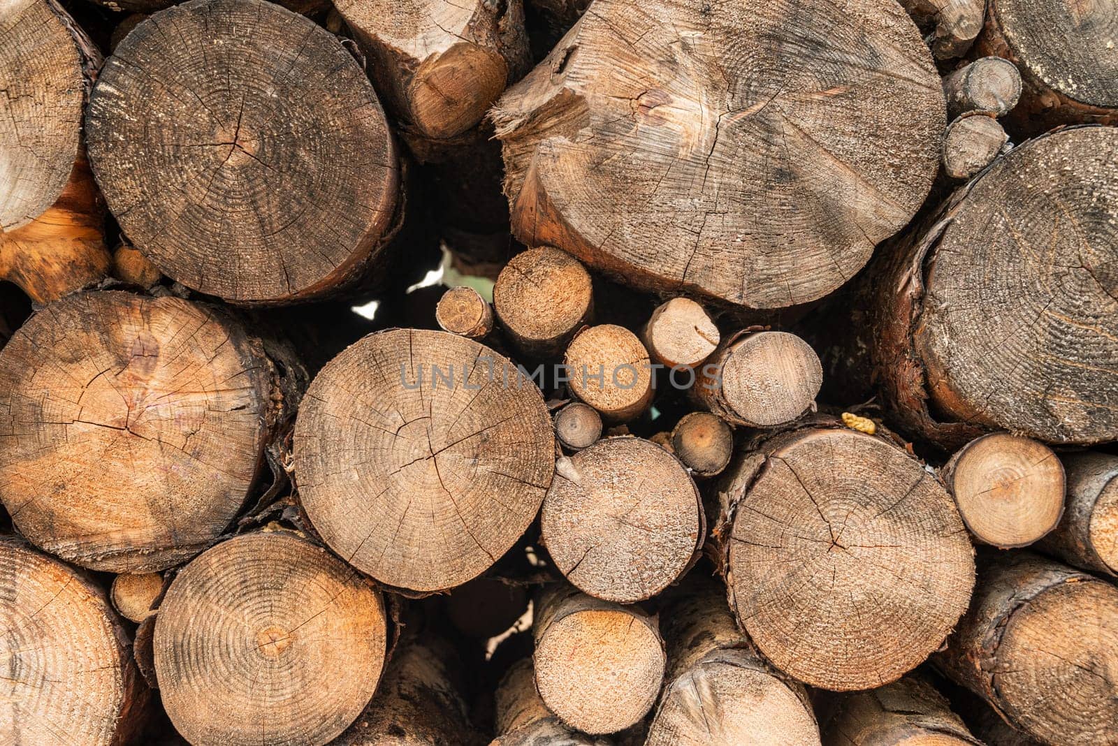 Wall made with a pile of chopped logs of different sizes. log pile background