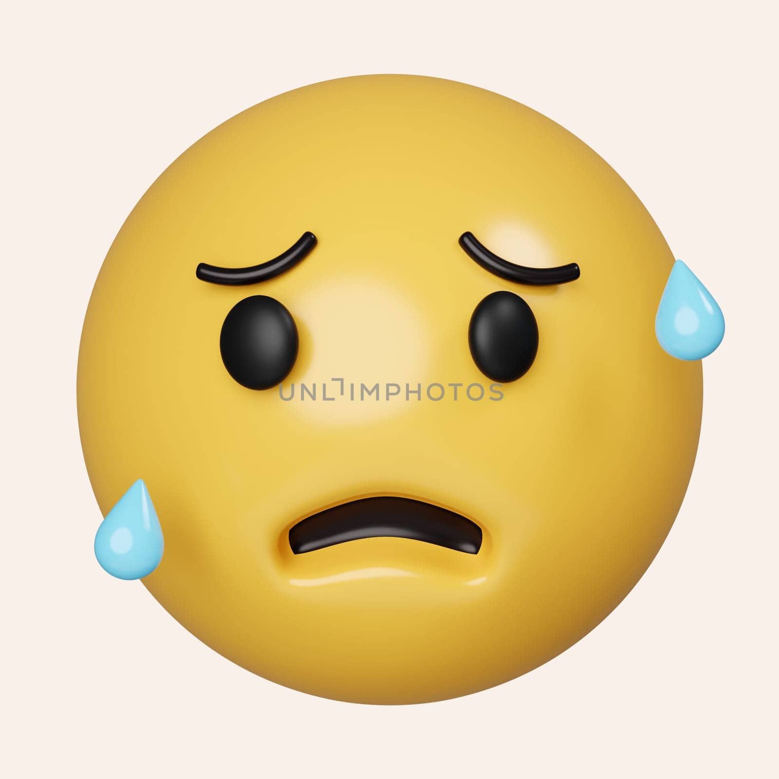 3d Anxious emoji with sweat. Concerned emoticon with blue forehead and cold sweat dripping down. icon isolated on gray background. 3d rendering illustration. Clipping path. by meepiangraphic