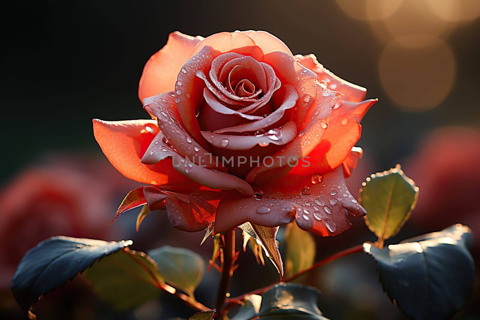 Tea rose bushes at sunset in the garden.