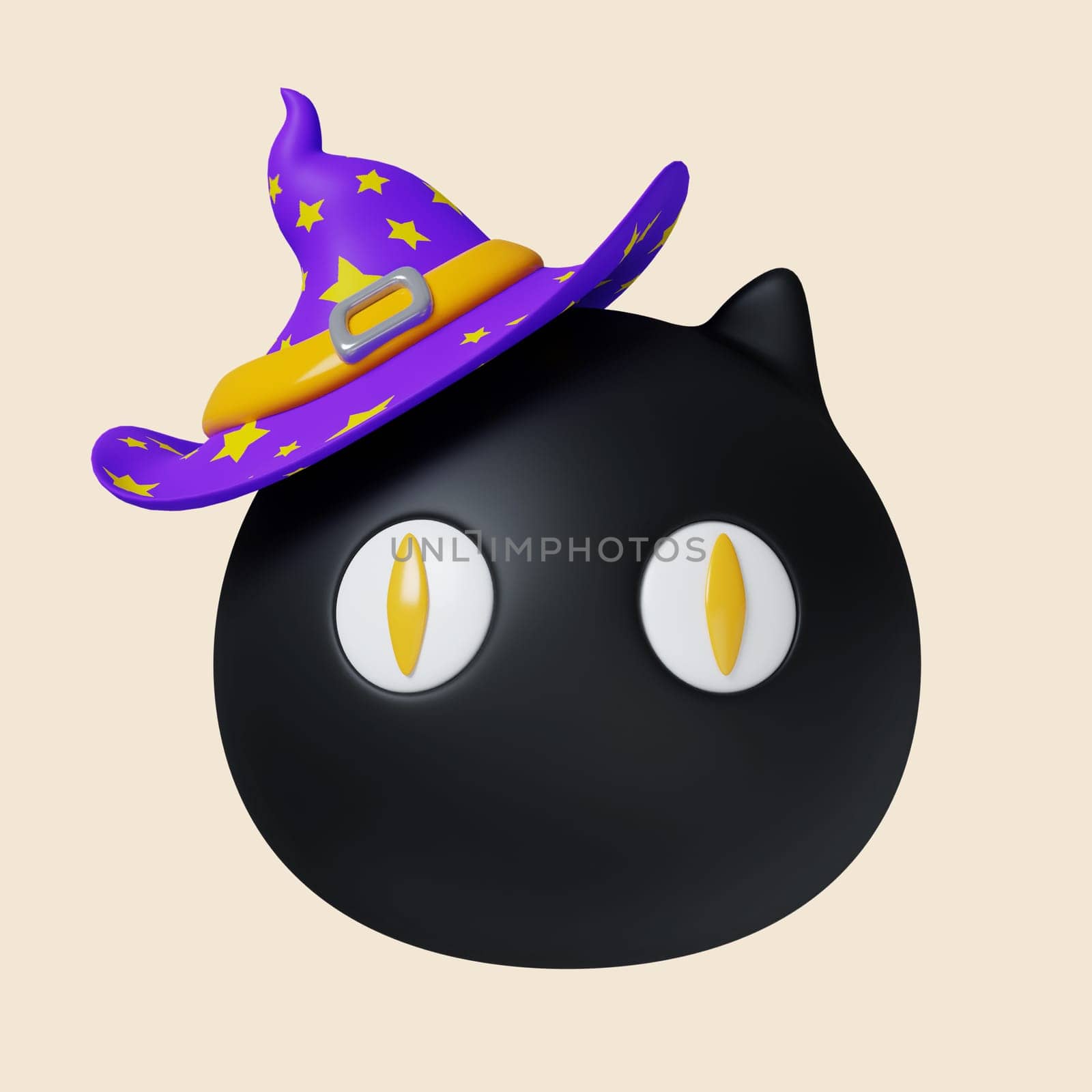 3d Halloween Head of black cat icon. Traditional element of decor for Halloween. icon isolated on gray background. 3d rendering illustration. Clipping path..