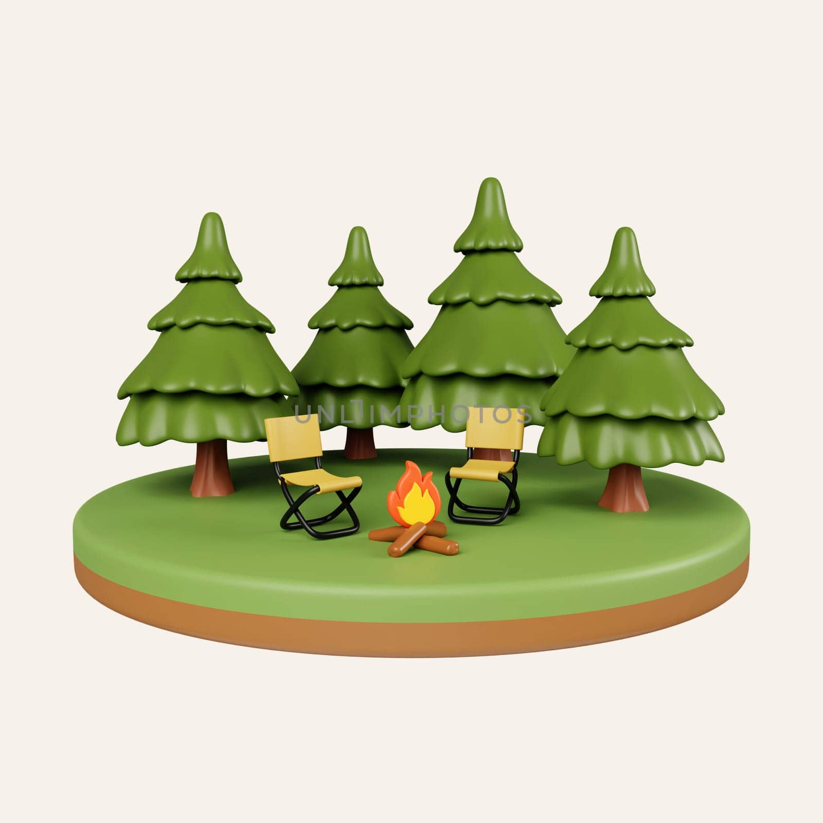 3d Campsite in nature and elements for camping, summer camp, traveling, trip, hiking. icon isolated on white background. 3d rendering illustration. Clipping path..