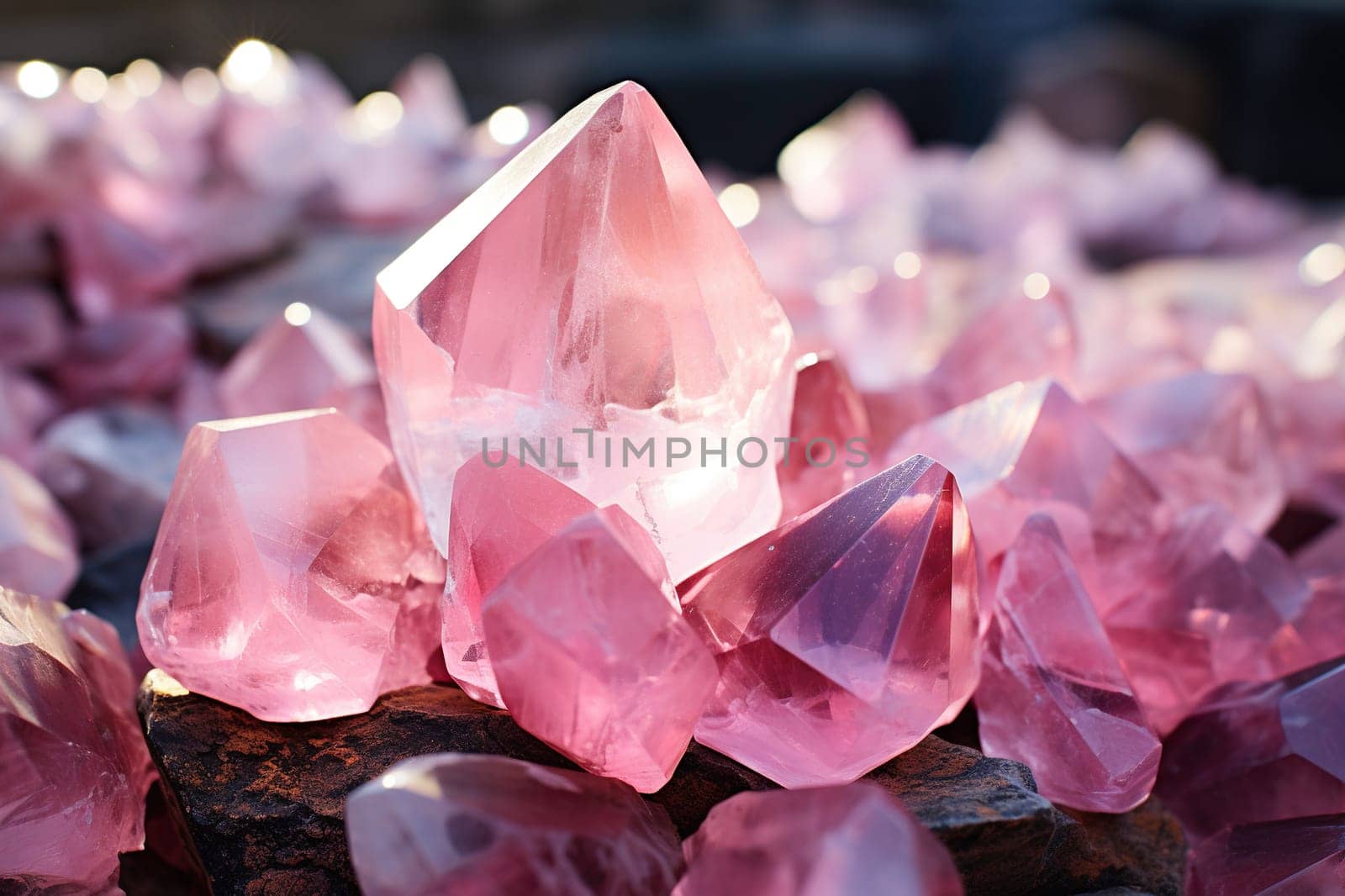 Close-up of rose quartz stones on a blurred natural background.