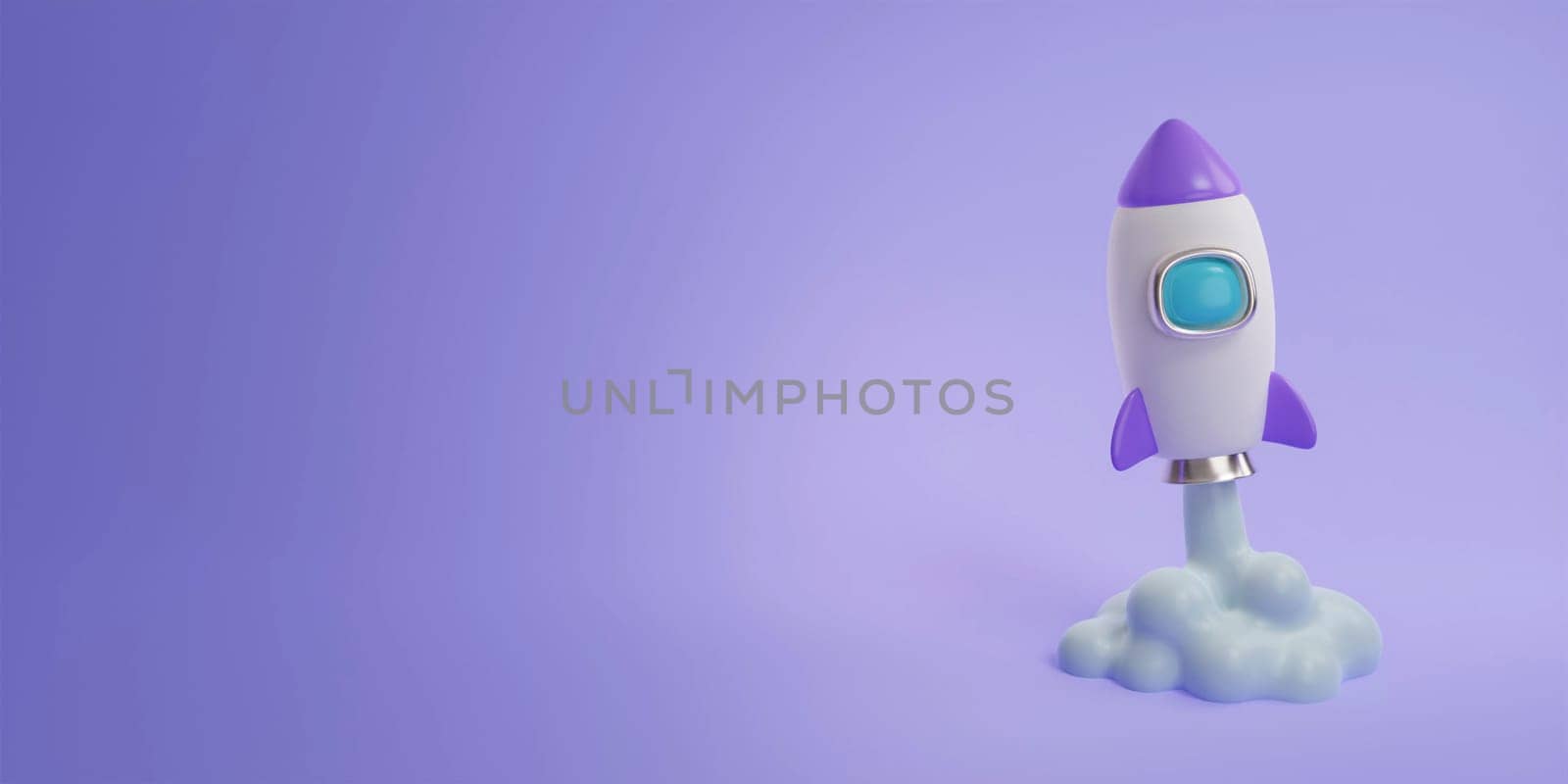 3d rocket flying in space. Spaceship rocket lunch on purple background. banner, 3d render illustration. by meepiangraphic