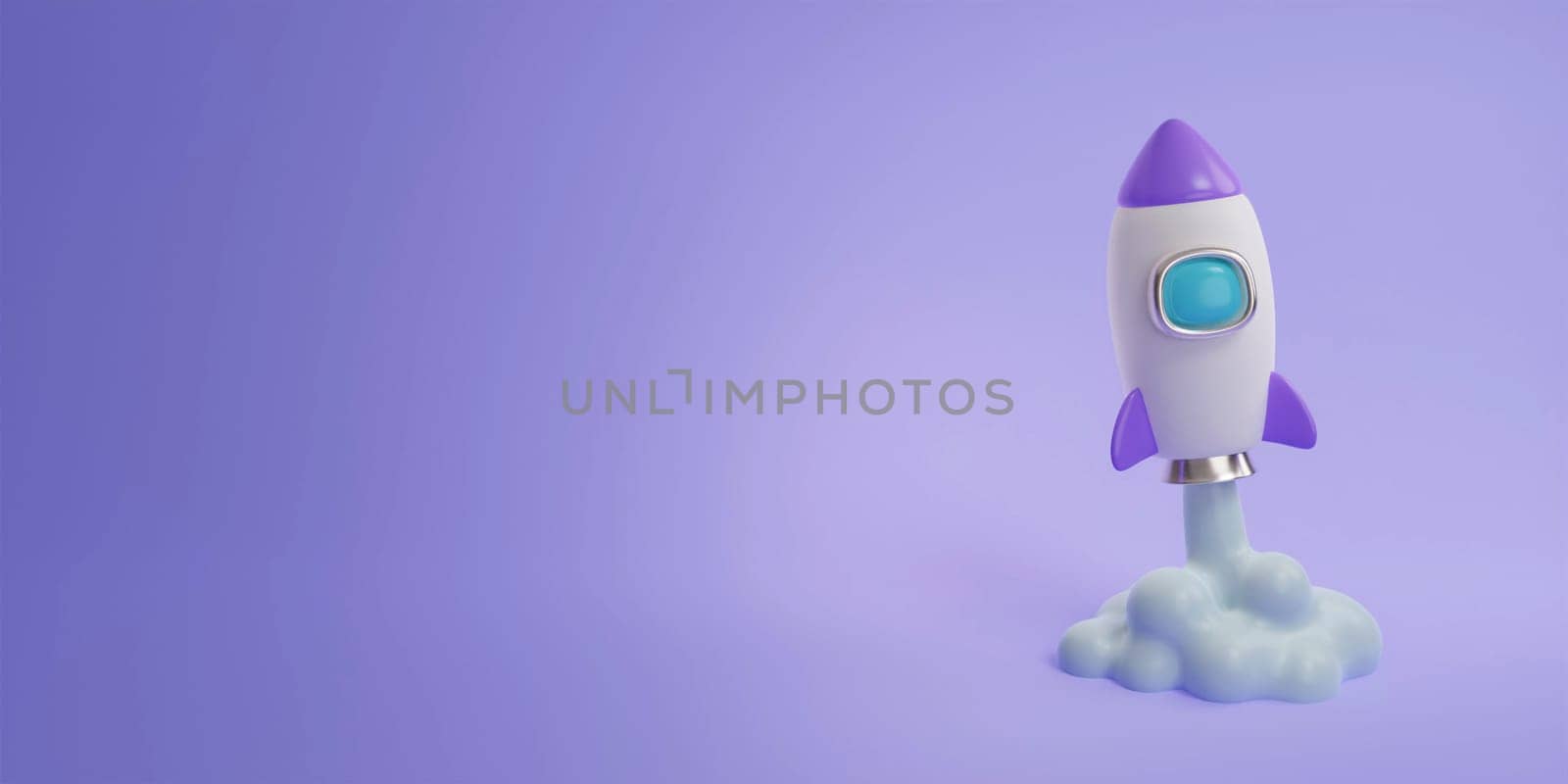 3d rocket flying in space. Spaceship rocket lunch on purple background. banner, 3d render illustration..