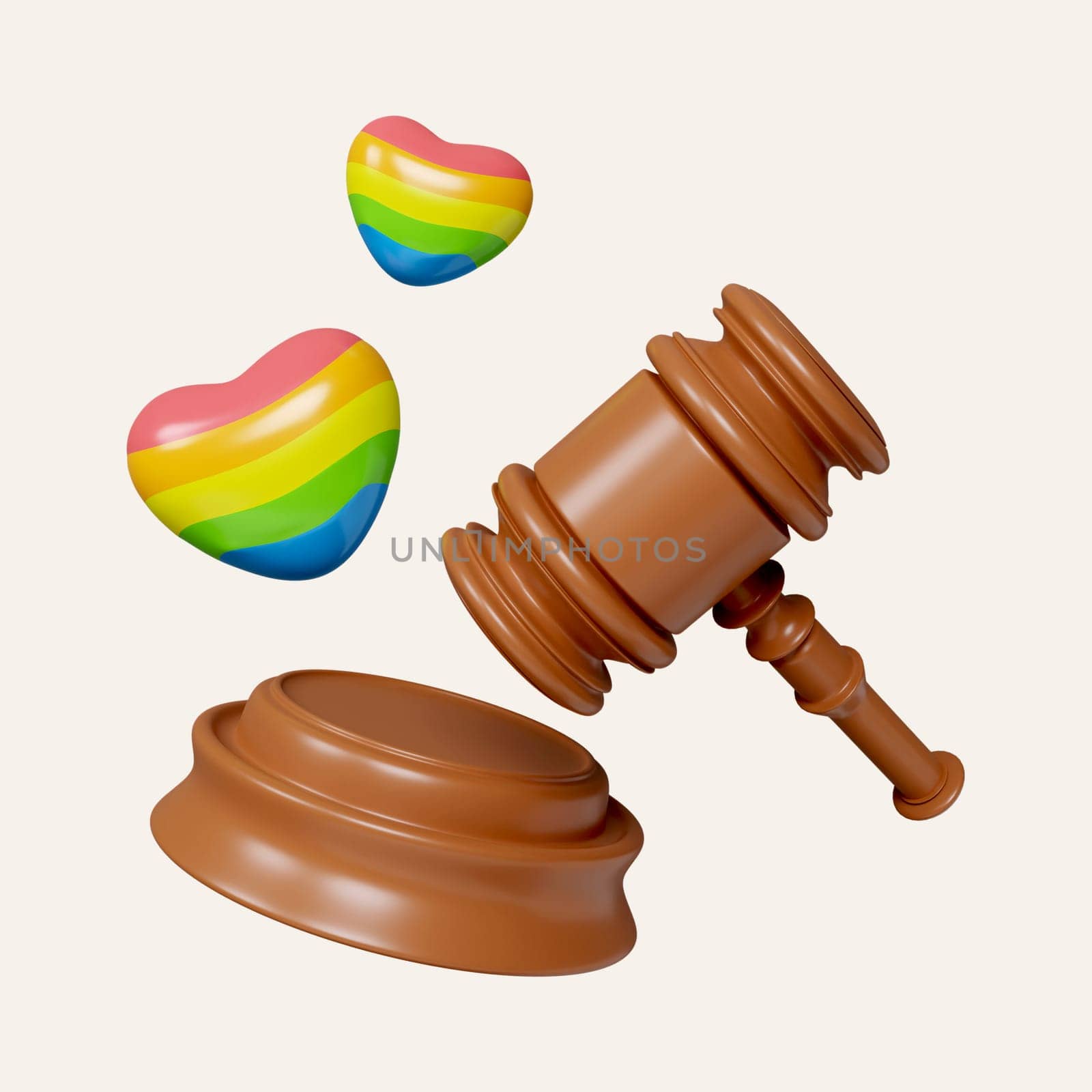 3d Homosexual Rights Concept - Gay Pride Flag Behind Judge's Gavel. icon isolated on white background. 3d rendering illustration. Clipping path..