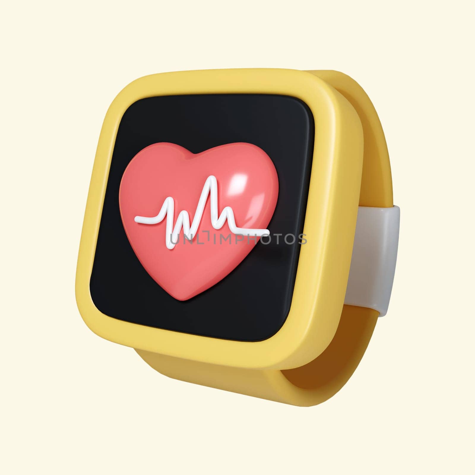 3D Smartwatch and heart line. fitness inventory or gym accessories in trendy colors. icon isolated on yellow background. 3d rendering illustration. Clipping path..