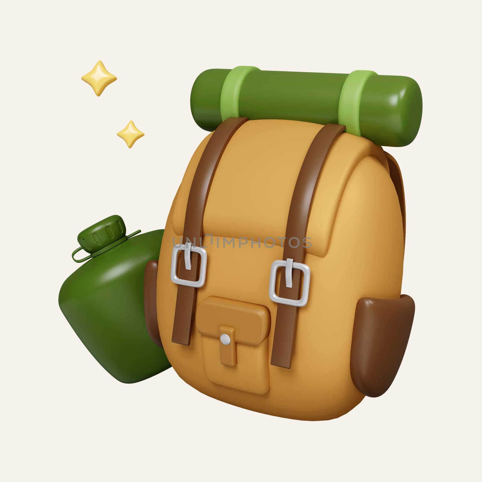 3d camping backpack. elements for camping, hiking , summer camp, traveling, trip. icon isolated on white background. 3d rendering illustration. Clipping path. by meepiangraphic