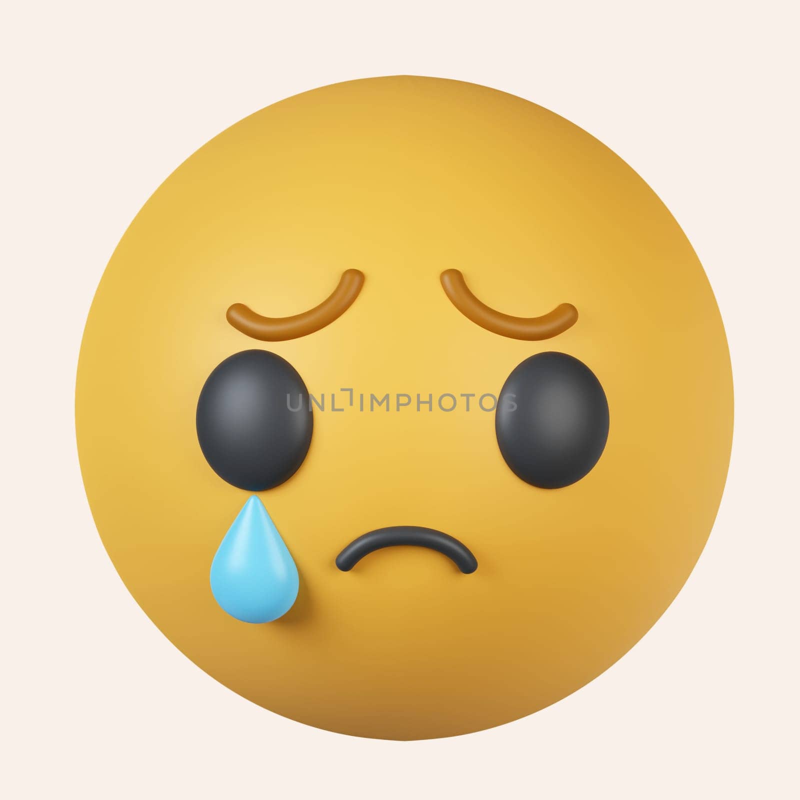 3d Sad Crying Emoticon. Render Cry Emoji with Tear. Unhappy Face. Communication, Web, Social Network Media. icon isolated on gray background. 3d rendering illustration. Clipping path..