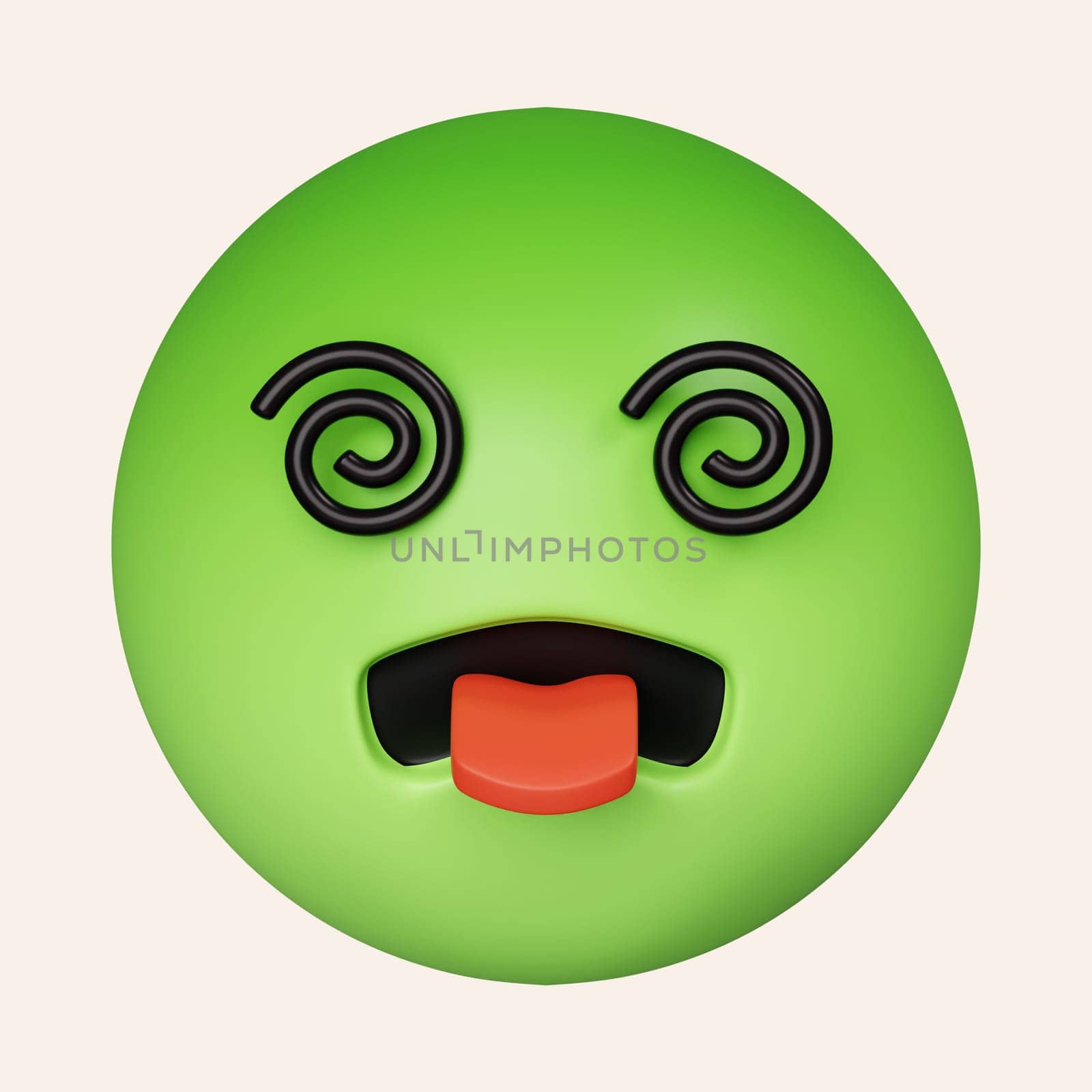 3d Nauseated face emoji with green face. sickly face green with concerned eyes and puffed holding back vomit. icon isolated on gray background. 3d rendering illustration. Clipping path..