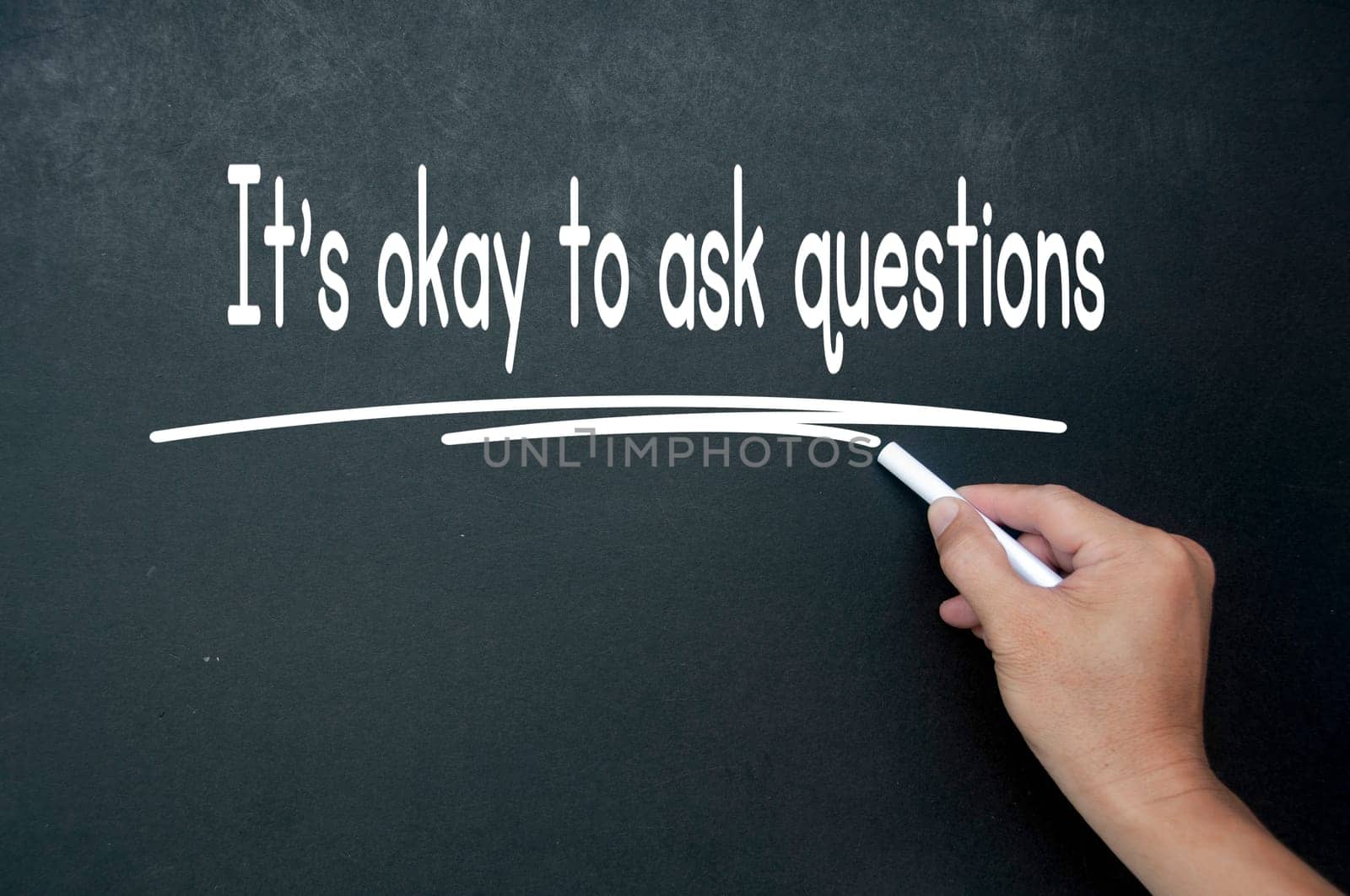 Hand writing It is okay to ask questions affirmation on black board. Affirmation concept.