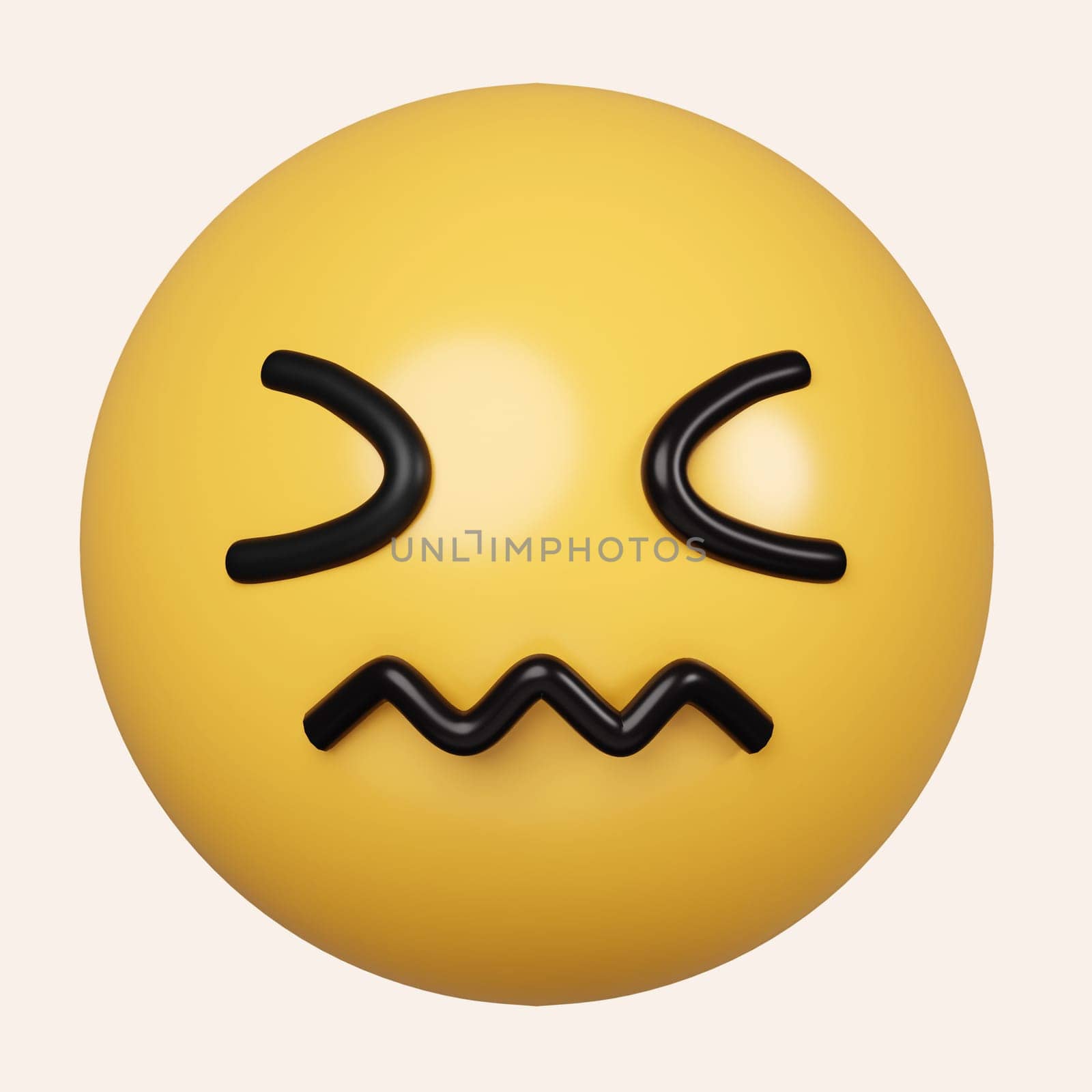 3d Confounded emoji with yellow face, scrunched, a crumpled mouth, frustration, disgust, and sadness. icon isolated on gray background. 3d rendering illustration. Clipping path..