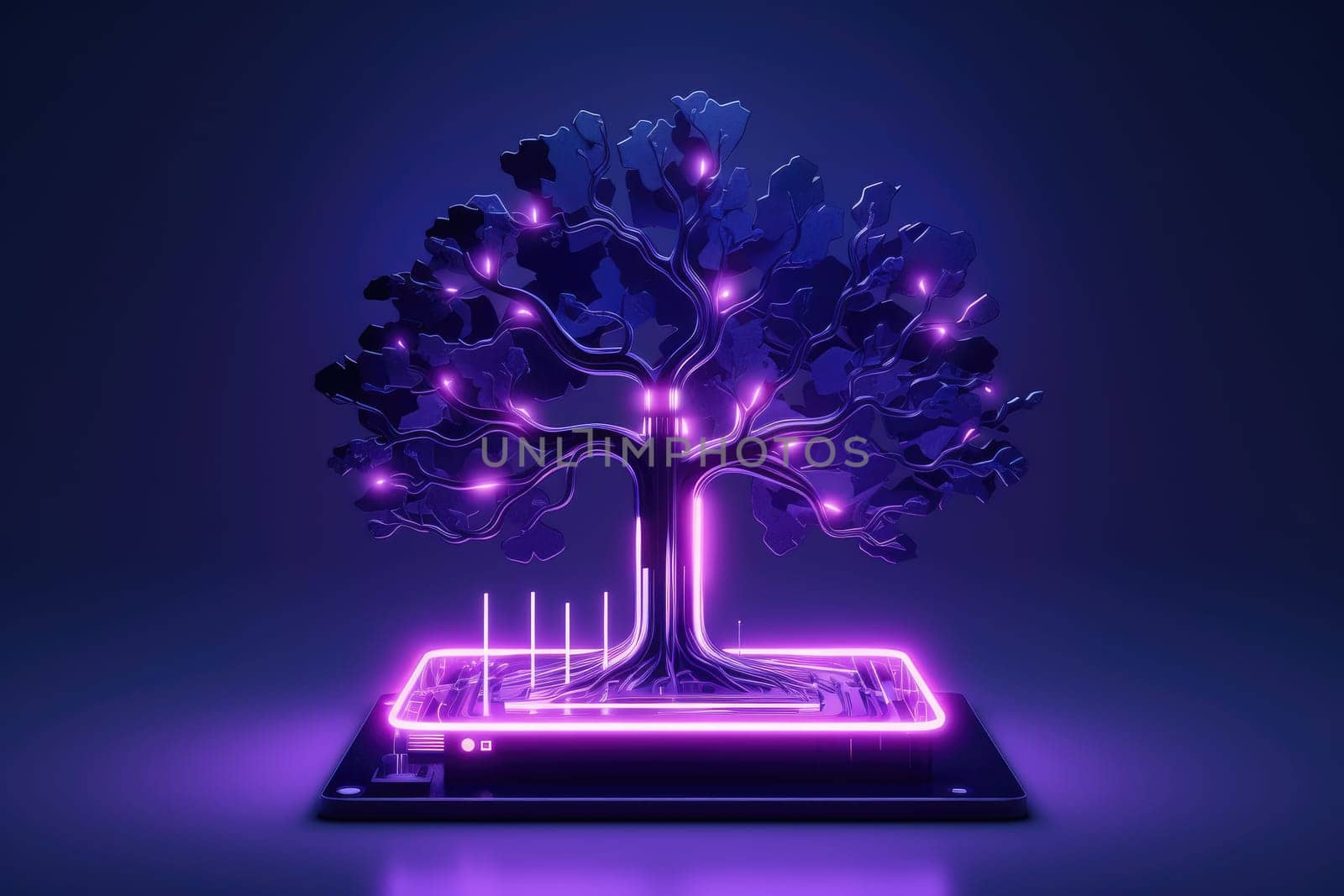 futuristic technological tree, in black background, generative ai.