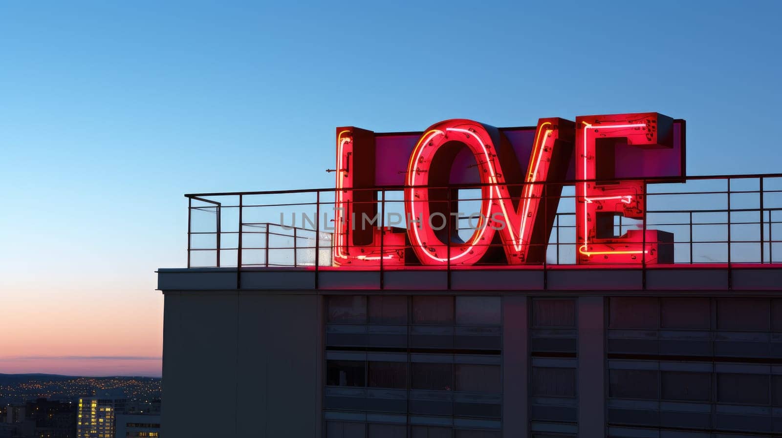 The word neon love on roof, generative ai.