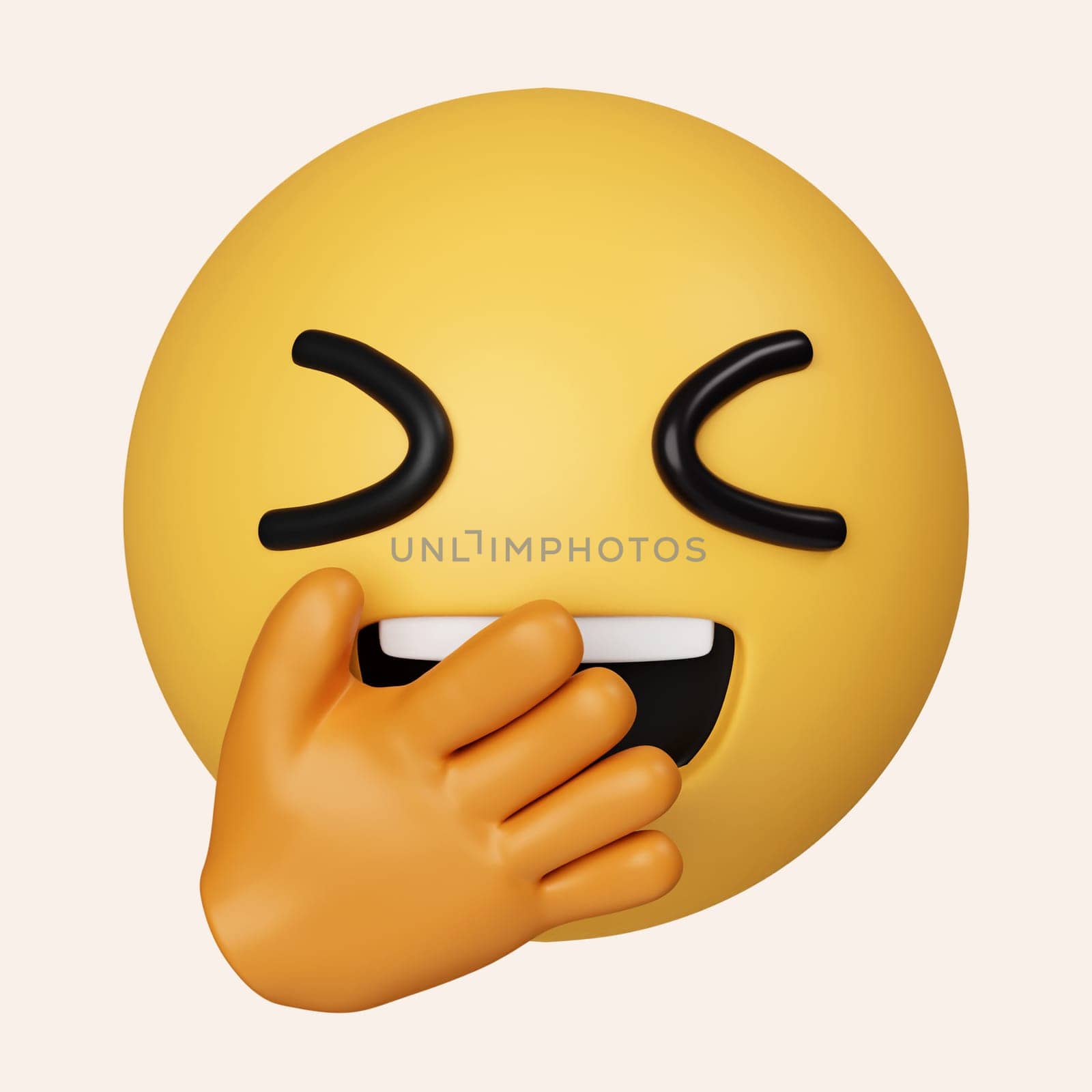 3d Chuckle Emoji. Emoticon cover mouth with hand while laughing. icon isolated on gray background. 3d rendering illustration. Clipping path..