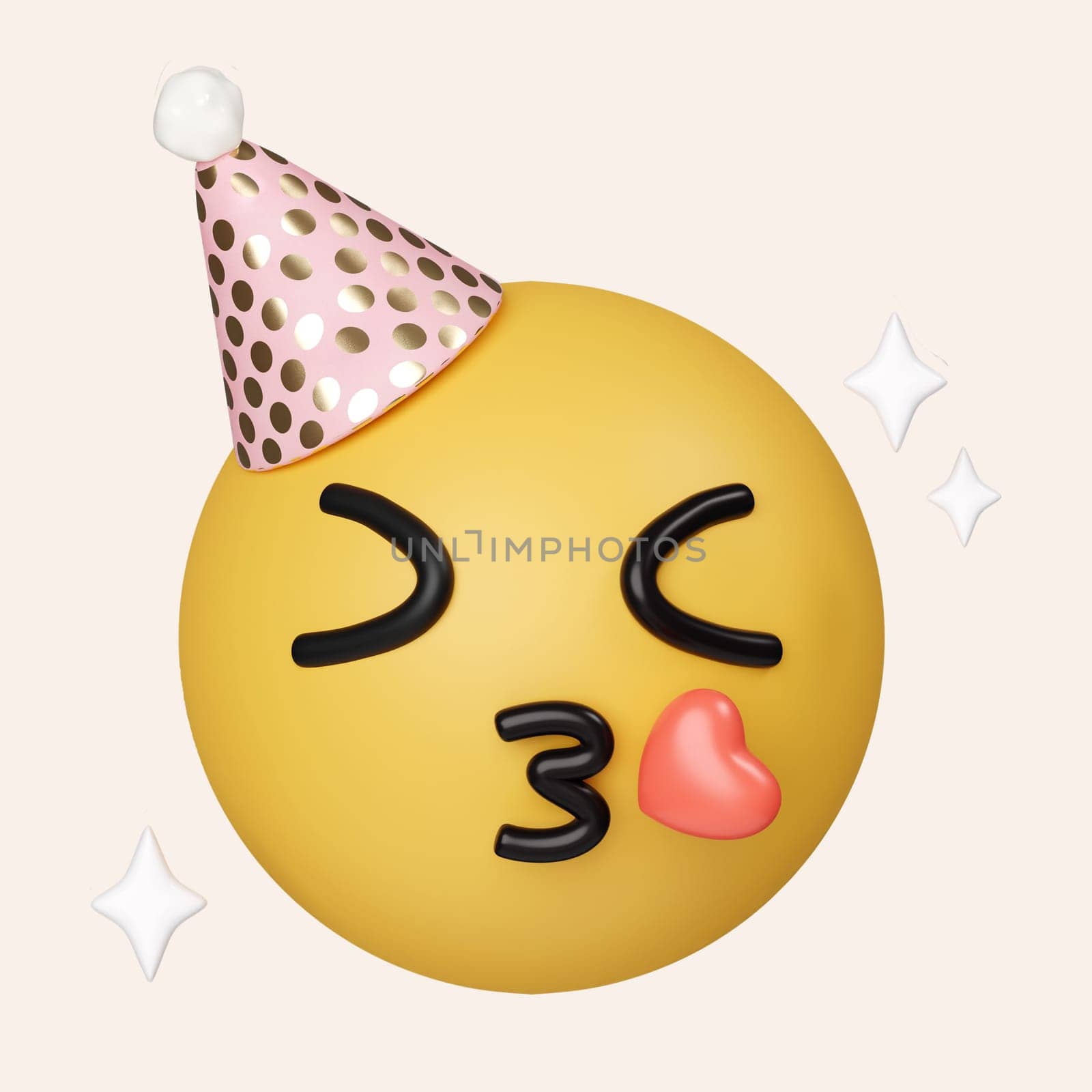 3d party emoji celebrate emoticon. Happy birthday face hat emoji. icon isolated on gray background. 3d rendering illustration. Clipping path. by meepiangraphic
