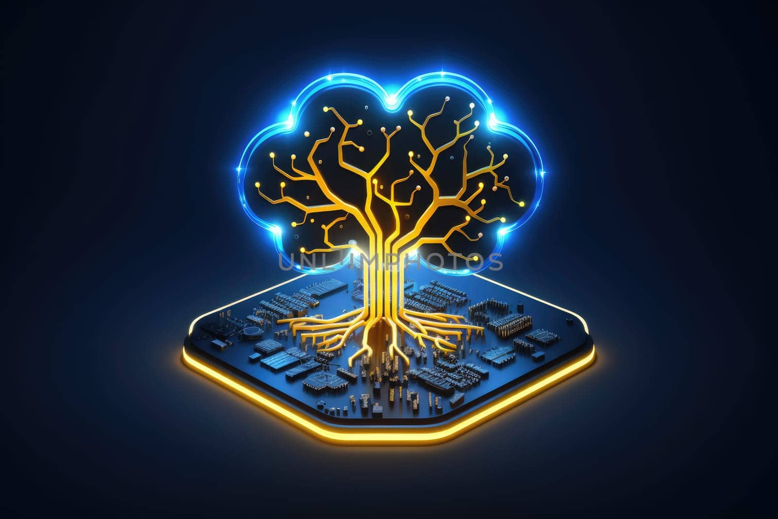 futuristic technological tree, in black background, generative ai.