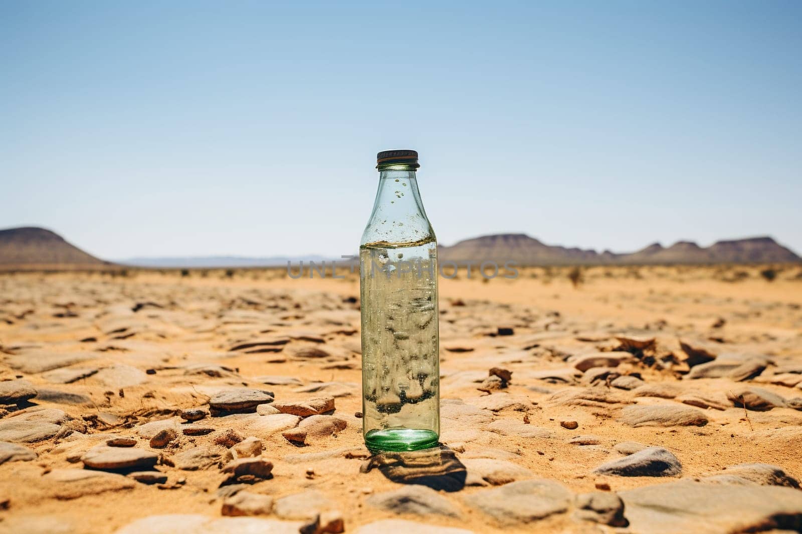 Glass bottle of water in the middle of the desert. Climate change concept.