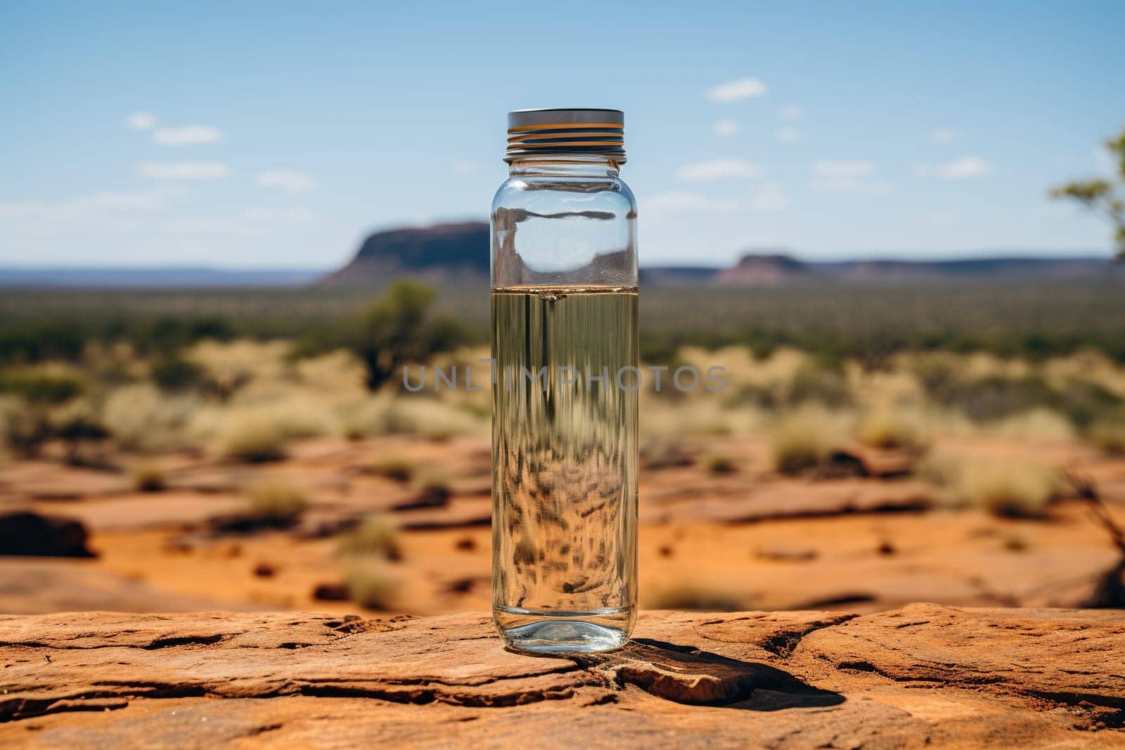 Glass bottle with water in the desert on a stone.
