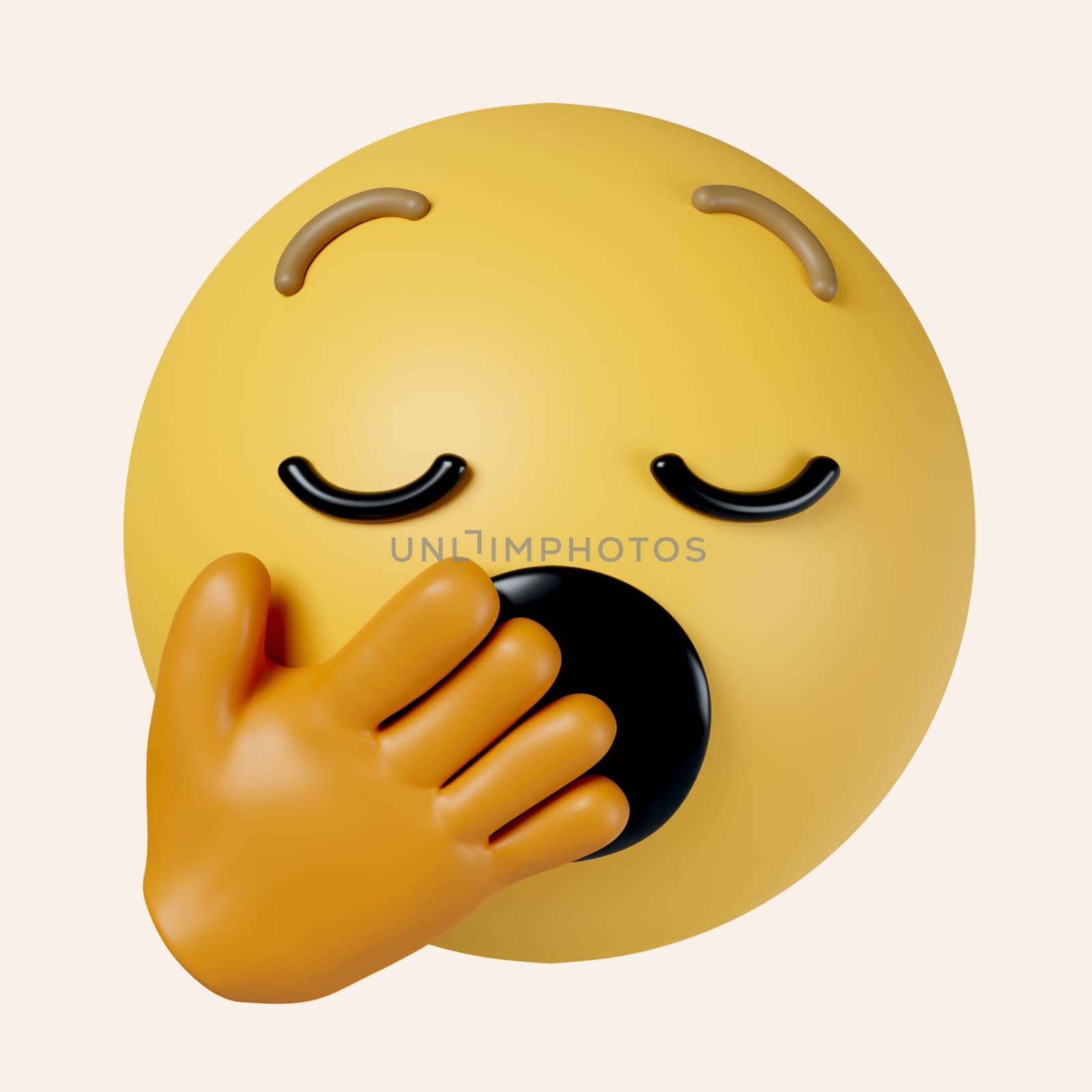 3d Yawning face emoji. emoticon with eyes closed and mouth wide open covered by a hand. icon isolated on gray background. 3d rendering illustration. Clipping path..