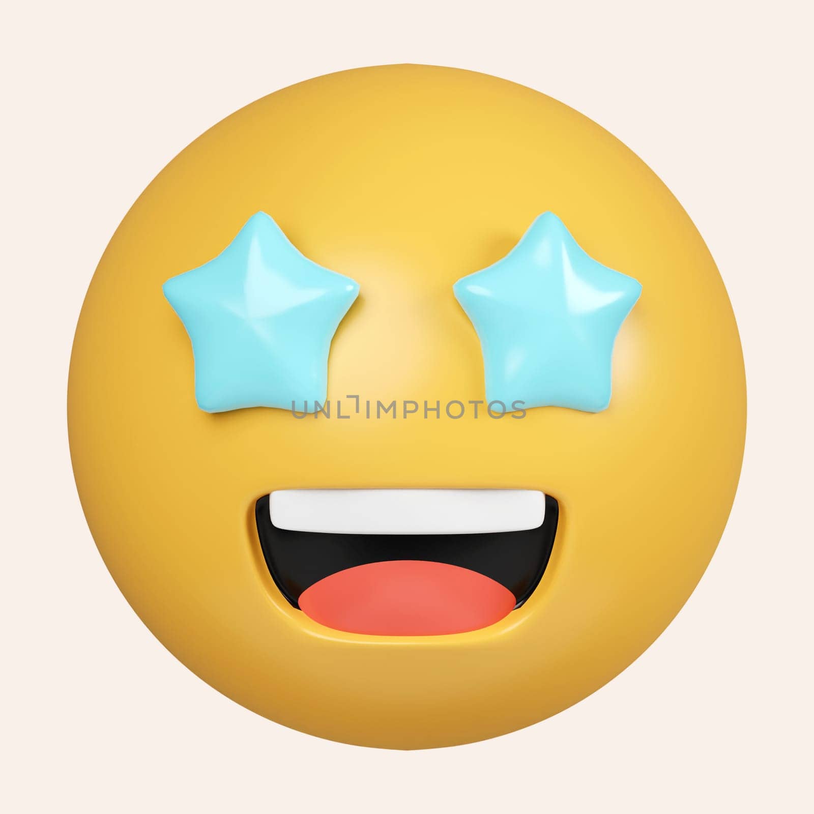 3d emoji. Starry eyed emoji. Excited emoticon face with blue star shaped eyes and happy wide opened mouth. icon isolated on gray background. 3d rendering illustration. Clipping path..