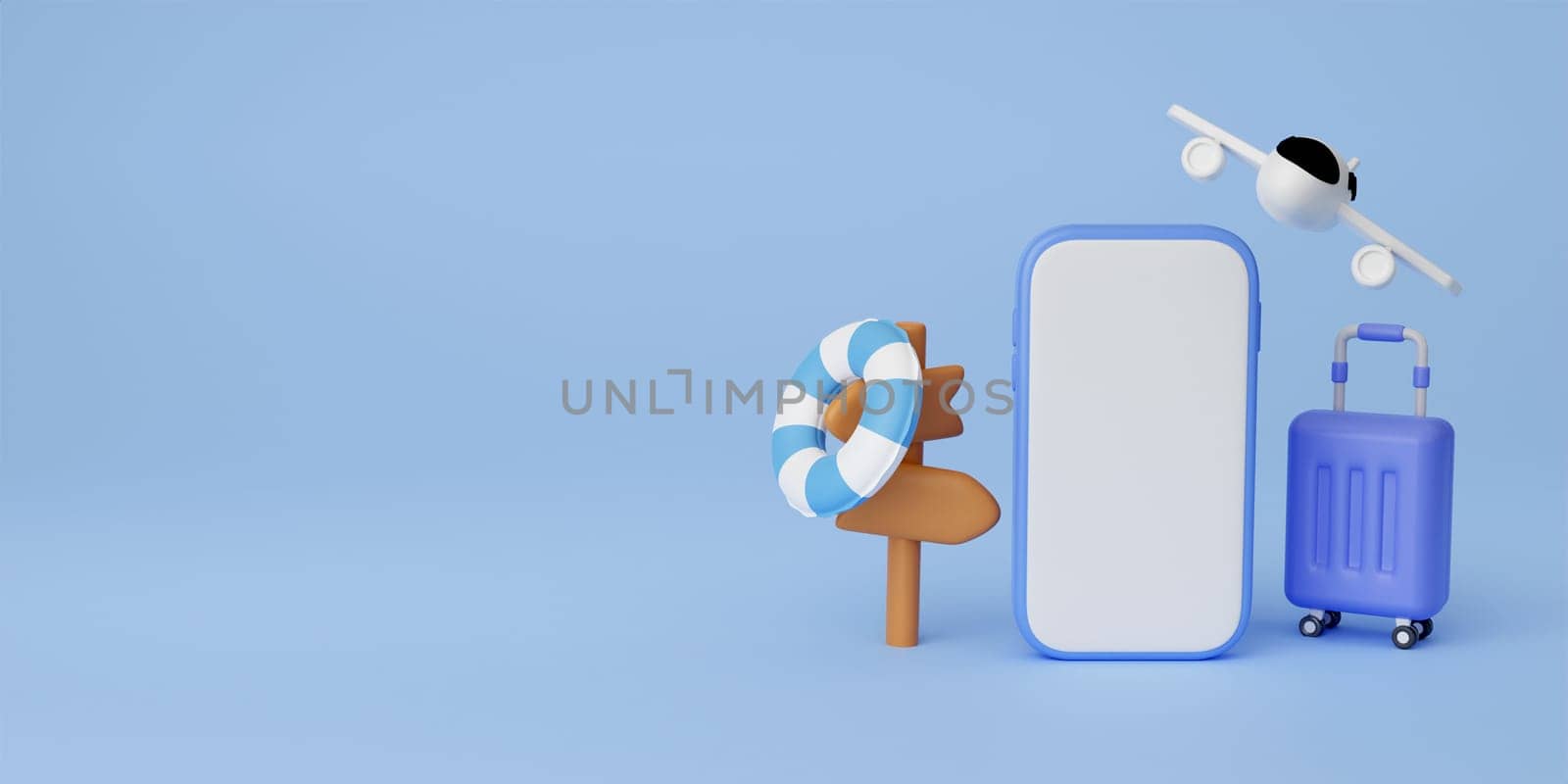 3d blank phone with sign and an airplane Summer vacation concept, travel accessories on blue background, 3d illustration.