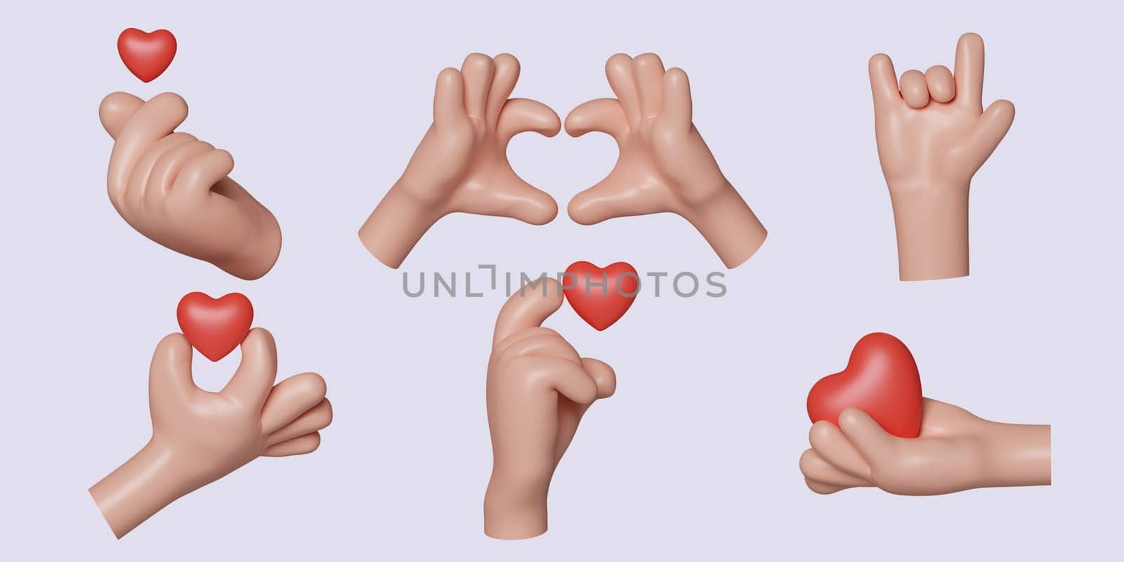 3d Cartoon character hand love set. icon isolated on gray background. 3d rendering illustration. Clipping path. by meepiangraphic