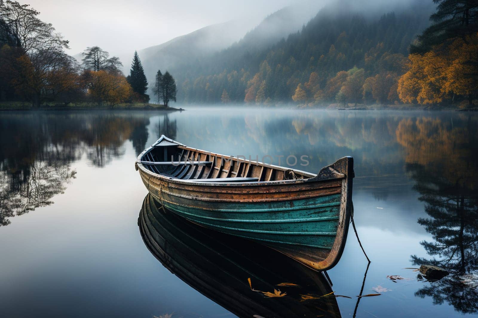 Old wooden boat in a foggy river in autumn. Generated by artificial intelligence by Vovmar