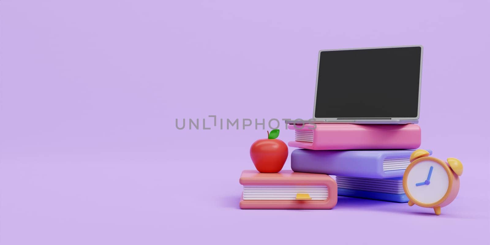 3d laptop on book with apple and clock. education and back to school concept. 3d rendering illustration. by meepiangraphic