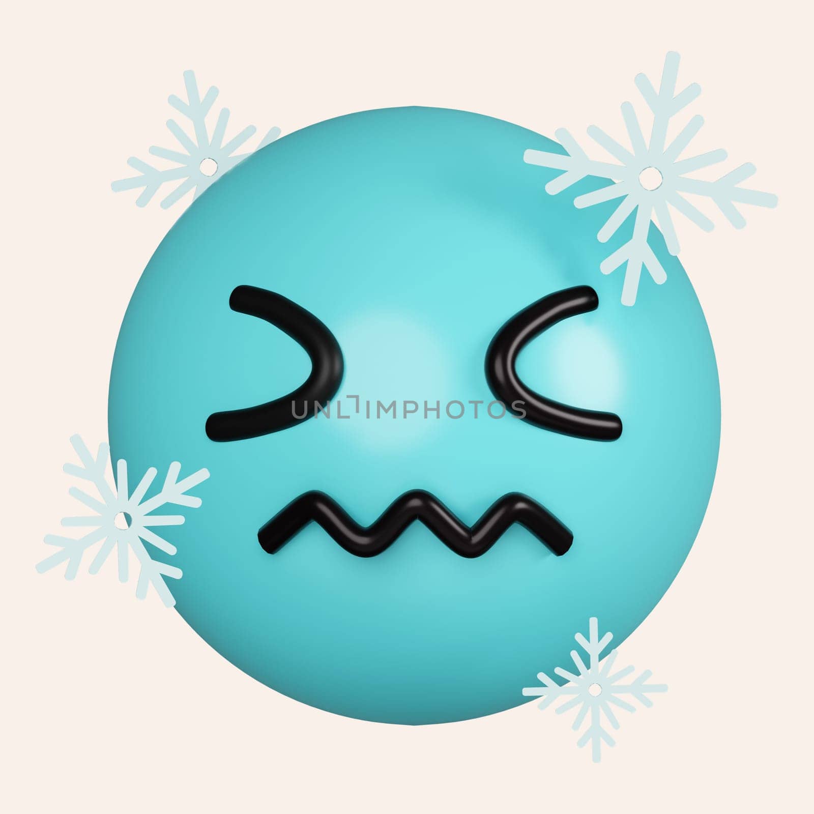 3d cold frozen emoji with ice on face. icon isolated on gray background. 3d rendering illustration. Clipping path..